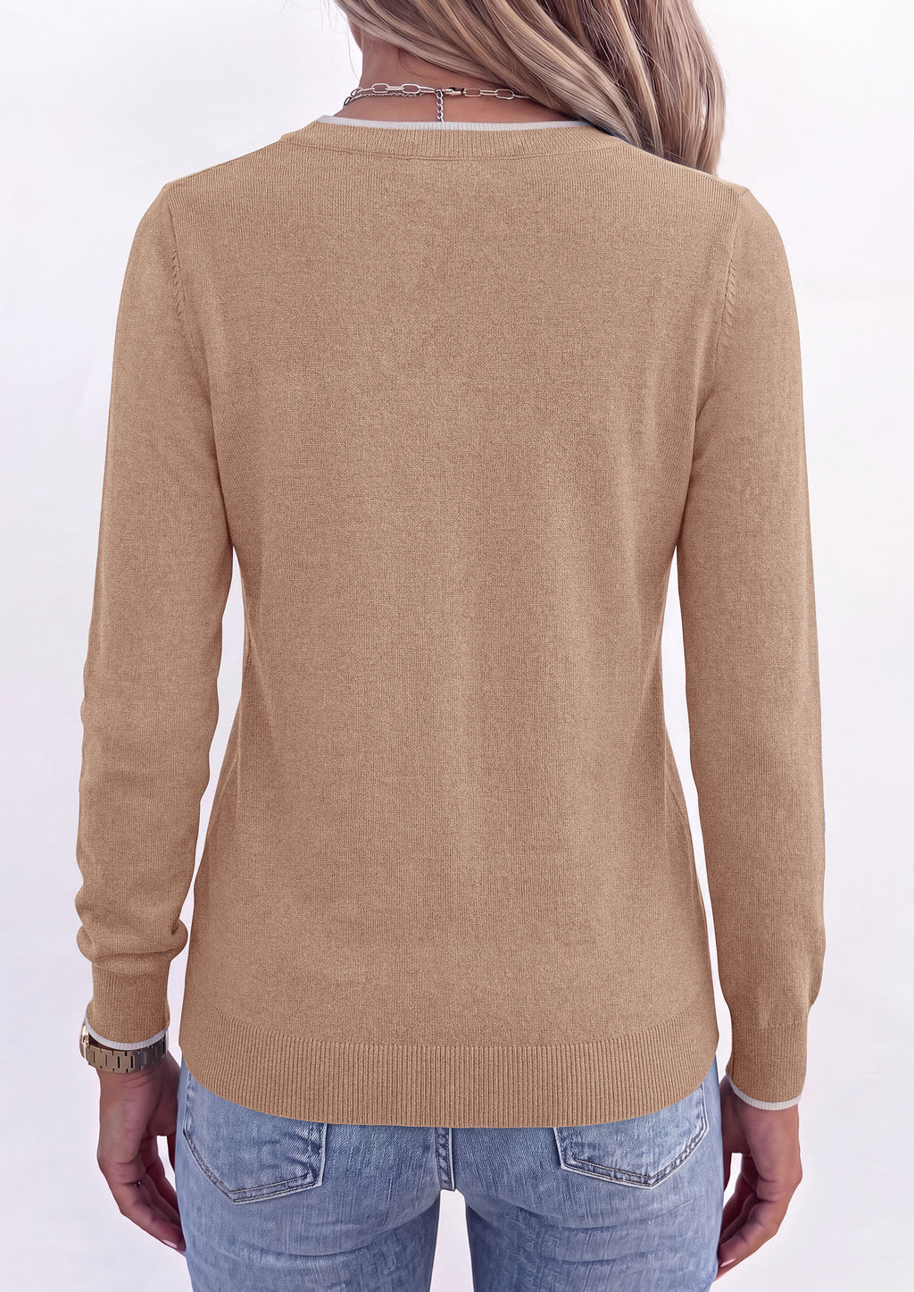 PRETTYGARDEN Women's V Neck Sweater Long Sleeve Knit Tops Patchwork V Neck, Cozy Lightweight Pullover, Loose Basic Soft, Business Casual, Fall Winter Clothes