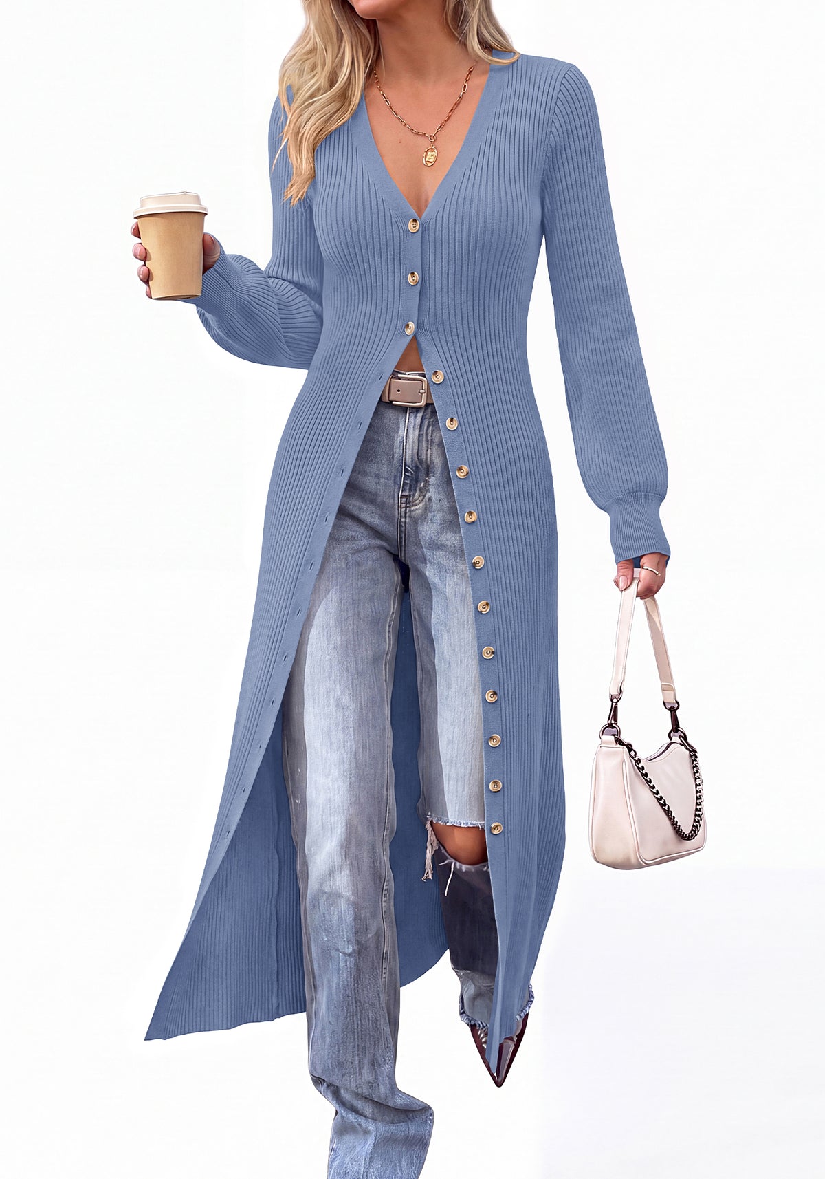 BTFBM Button Up Long Cardigans for Women Ribbed V Neck Midi Sweater Dress Puff Long Sleeve Cardigan Sweaters, Soft Stretchy Lightweight Duster Cardigans, Knit Winter Dresses, Fall Outfits Trendy