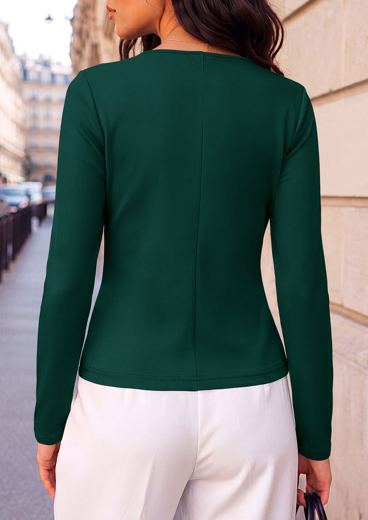 PRETTYGARDEN Womens Ruched Tops Casual Long Sleeve Shirt Soft Stretchy Knit, Round Neck Slim Fitted Shape, Pleated Asymmetrical Hem, Office Work Daily Wear