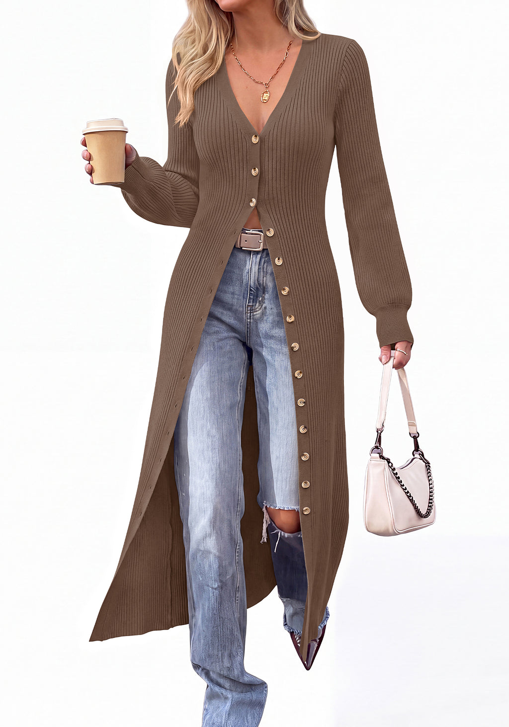 BTFBM Button Up Long Cardigans for Women Ribbed V Neck Midi Sweater Dress Puff Long Sleeve Cardigan Sweaters, Soft Stretchy Lightweight Duster Cardigans, Knit Winter Dresses, Fall Outfits Trendy