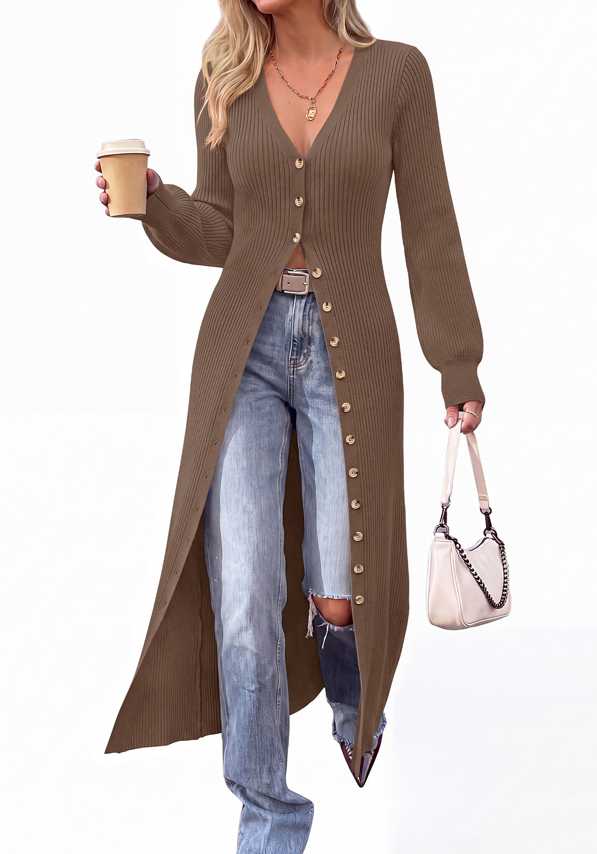 BTFBM Button Up Long Cardigans for Women Ribbed V Neck Midi Sweater Dress Puff Long Sleeve Cardigan Sweaters, Soft Stretchy Lightweight Duster Cardigans, Knit Winter Dresses, Fall Outfits Trendy