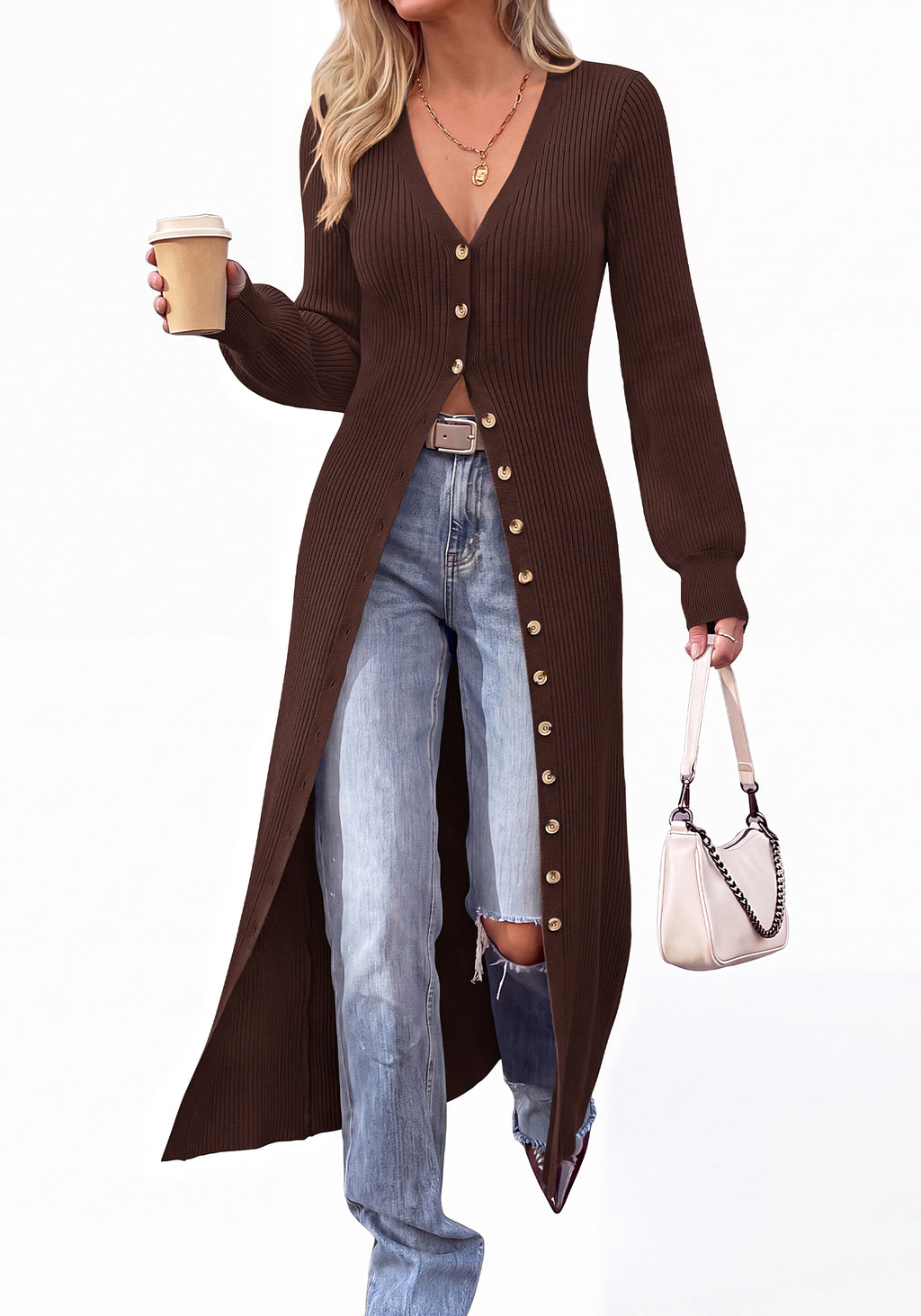 BTFBM Button Up Long Cardigans for Women Ribbed V Neck Midi Sweater Dress Puff Long Sleeve Cardigan Sweaters, Soft Stretchy Lightweight Duster Cardigans, Knit Winter Dresses, Fall Outfits Trendy
