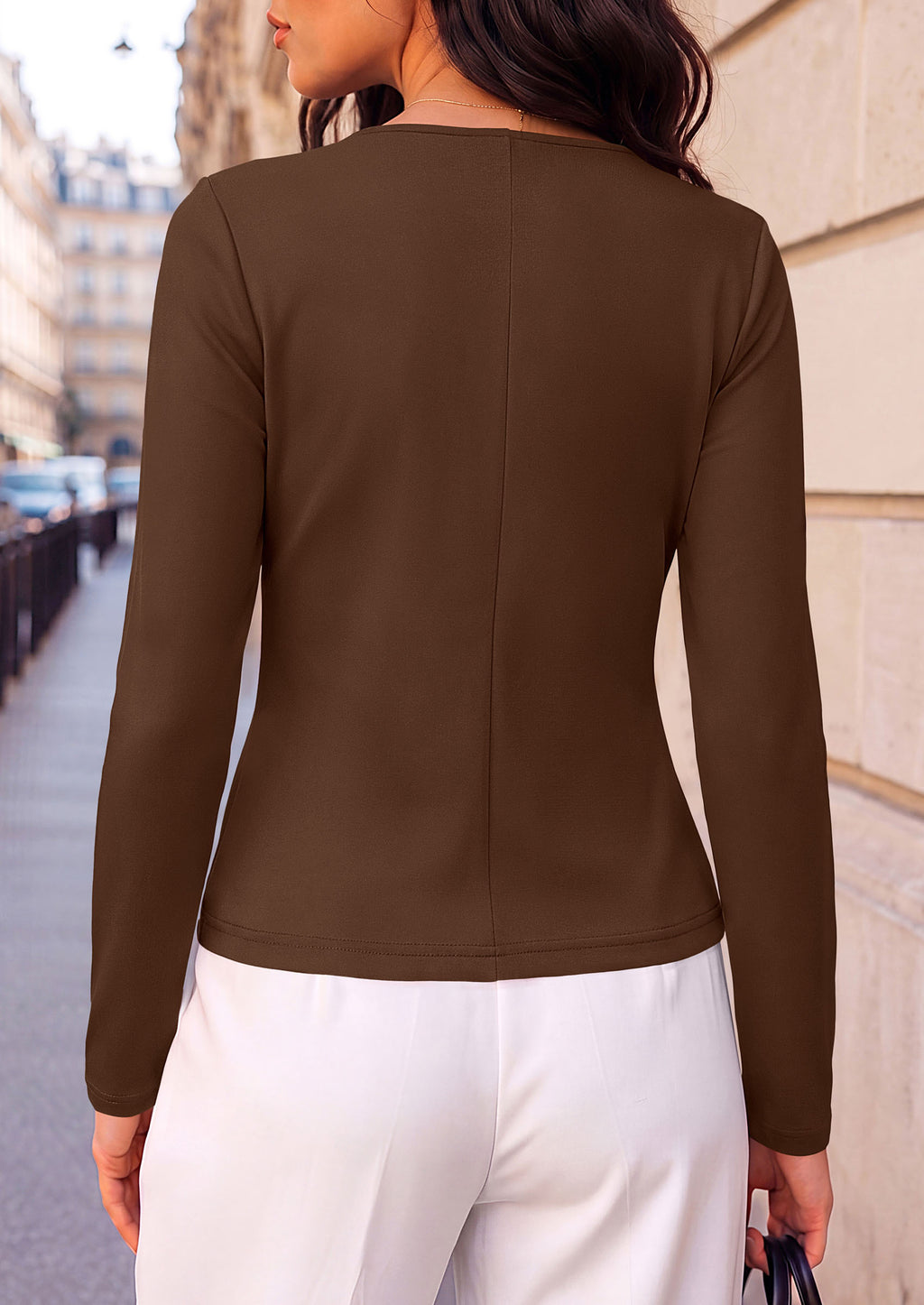 PRETTYGARDEN Womens Ruched Tops Casual Long Sleeve Shirt Soft Stretchy Knit, Round Neck Slim Fitted Shape, Pleated Asymmetrical Hem, Office Work Daily Wear