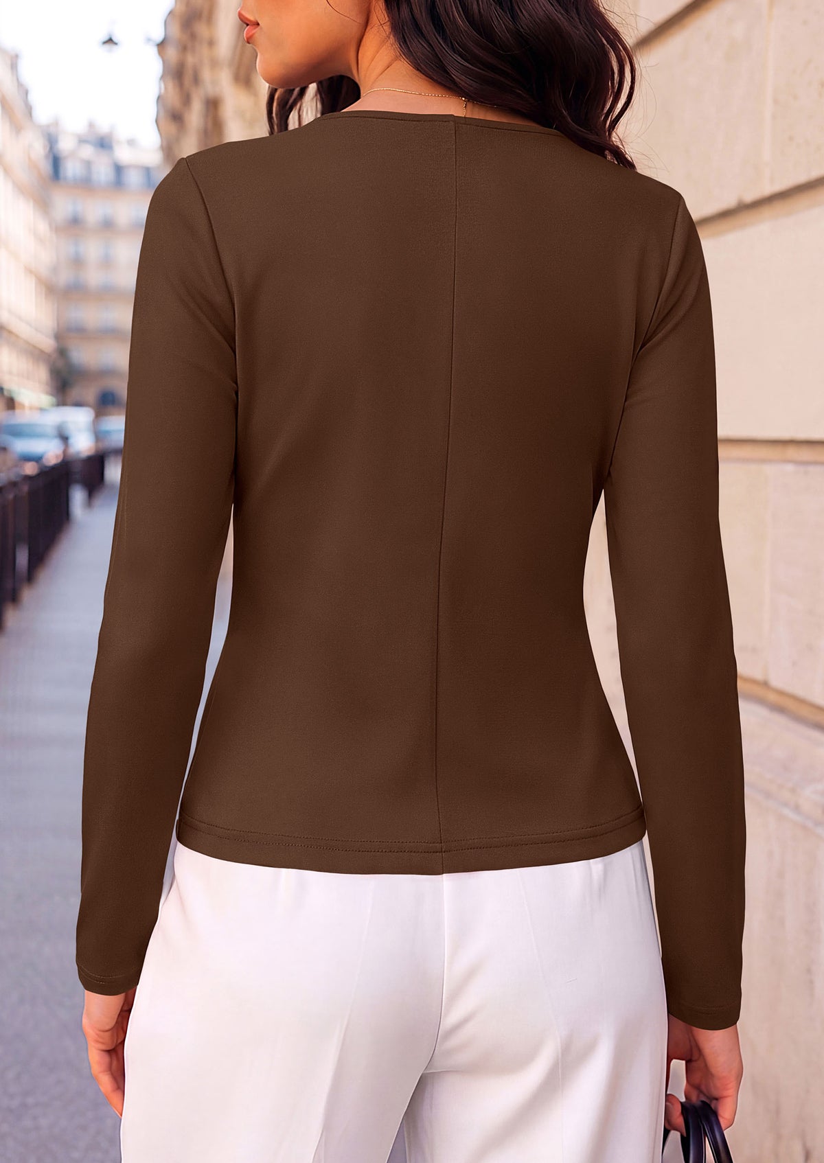 PRETTYGARDEN Womens Ruched Tops Casual Long Sleeve Shirt Soft Stretchy Knit, Round Neck Slim Fitted Shape, Pleated Asymmetrical Hem, Office Work Daily Wear