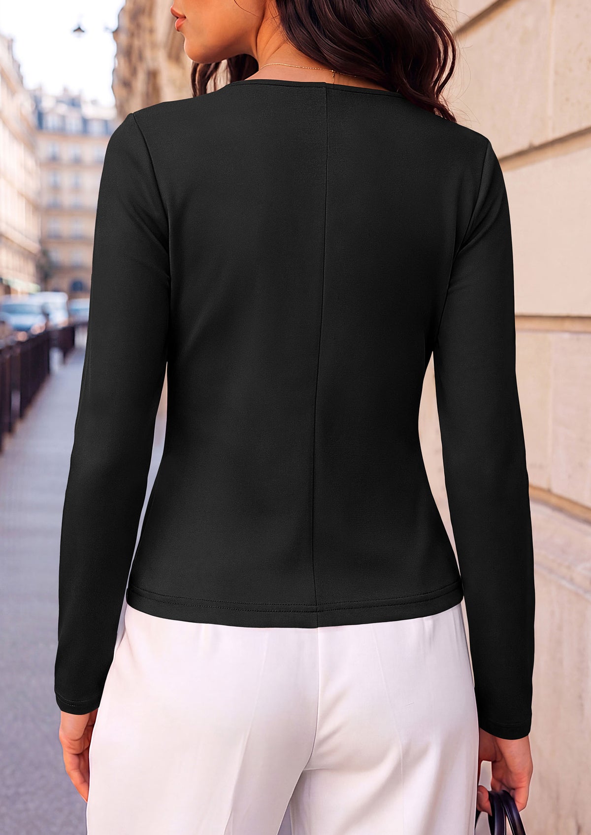 PRETTYGARDEN Womens Ruched Tops Casual Long Sleeve Shirt Soft Stretchy Knit, Round Neck Slim Fitted Shape, Pleated Asymmetrical Hem, Office Work Daily Wear
