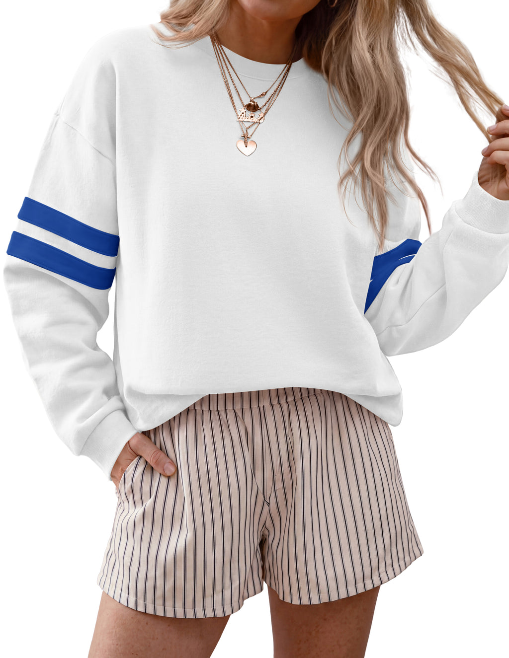 BTFBM Womens Oversized Sweatshirt Varsity Striped Tops Casual Long Sleeve Crewneck Drop Shoulder Knit Pullover Sweatshirts,Retro Sporty,Work,School,Holiday,Fall Winter