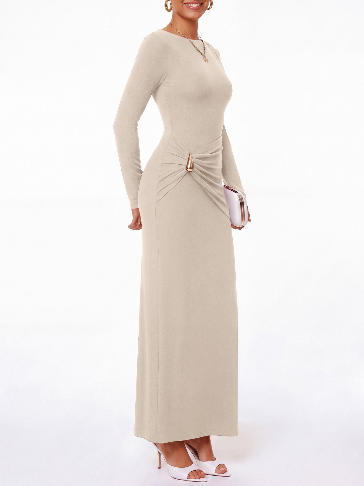BTFBM Womens Long Sleeve Ruched Slit Maxi Wedding Guest Dress Lightweight, Boat Neck, Bodycon, Semi Formal Dresses For Women Cocktail, Party, Homecoming, Date Night, Holiday Outfits