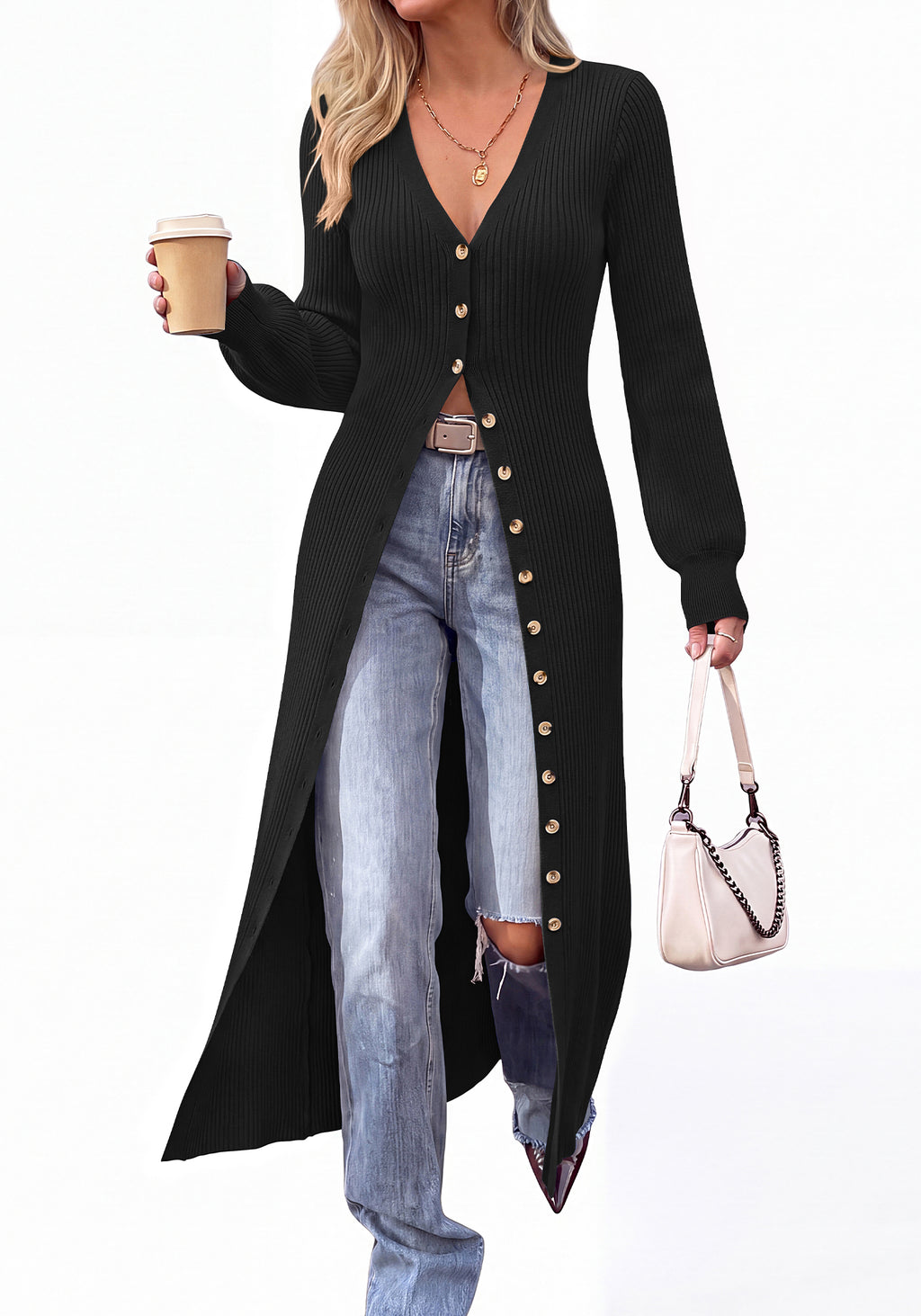 BTFBM Button Up Long Cardigans for Women Ribbed V Neck Midi Sweater Dress Puff Long Sleeve Cardigan Sweaters, Soft Stretchy Lightweight Duster Cardigans, Knit Winter Dresses, Fall Outfits Trendy