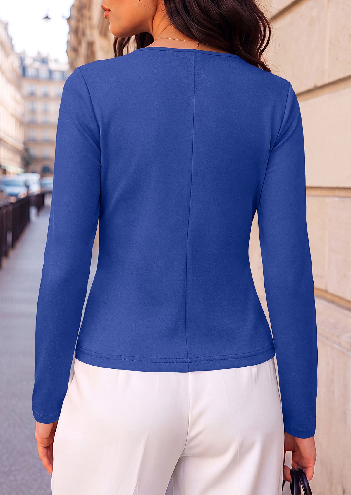 PRETTYGARDEN Womens Ruched Tops Casual Long Sleeve Shirt Soft Stretchy Knit, Round Neck Slim Fitted Shape, Pleated Asymmetrical Hem, Office Work Daily Wear