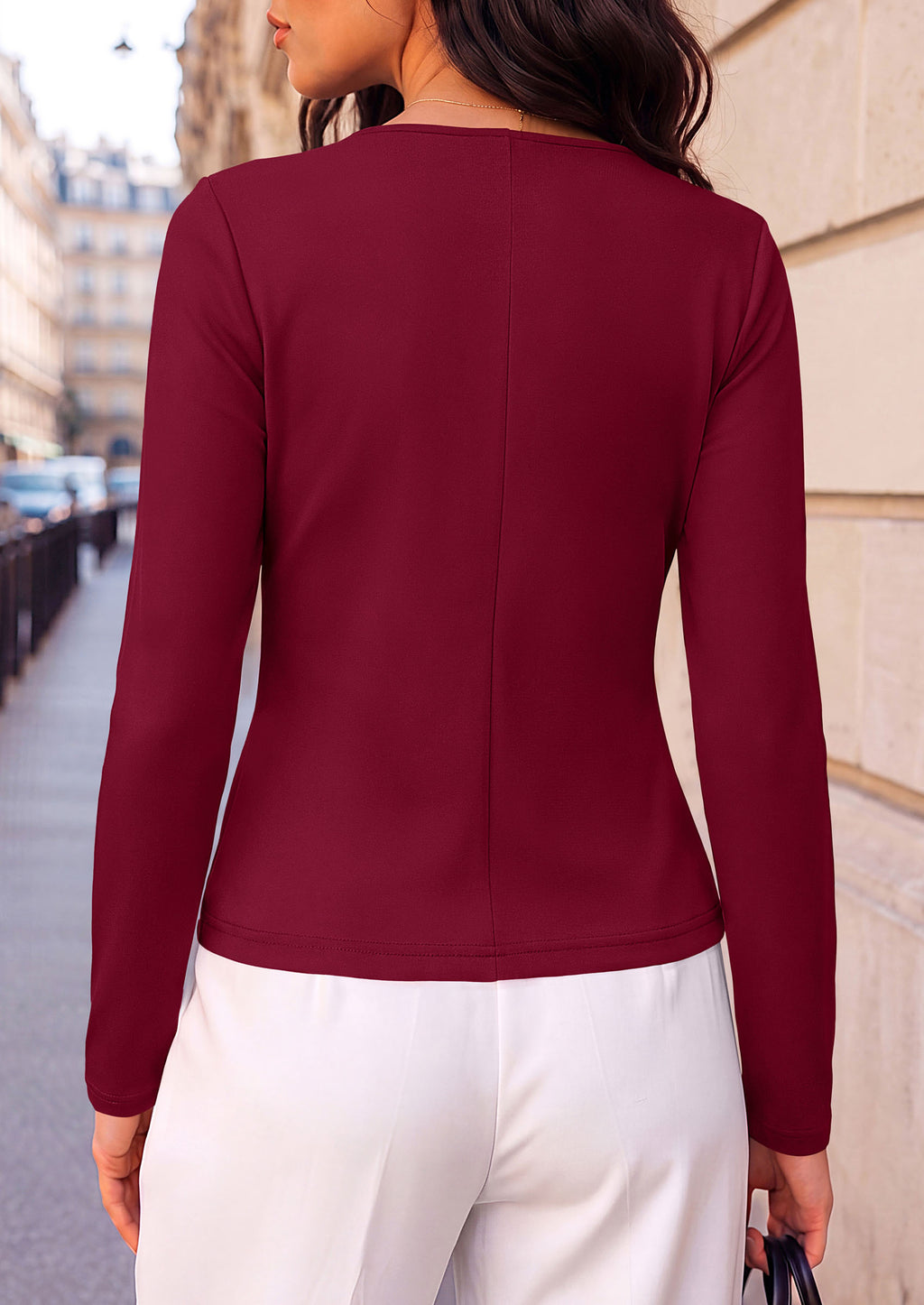 PRETTYGARDEN Womens Ruched Tops Casual Long Sleeve Shirt Soft Stretchy Knit, Round Neck Slim Fitted Shape, Pleated Asymmetrical Hem, Office Work Daily Wear