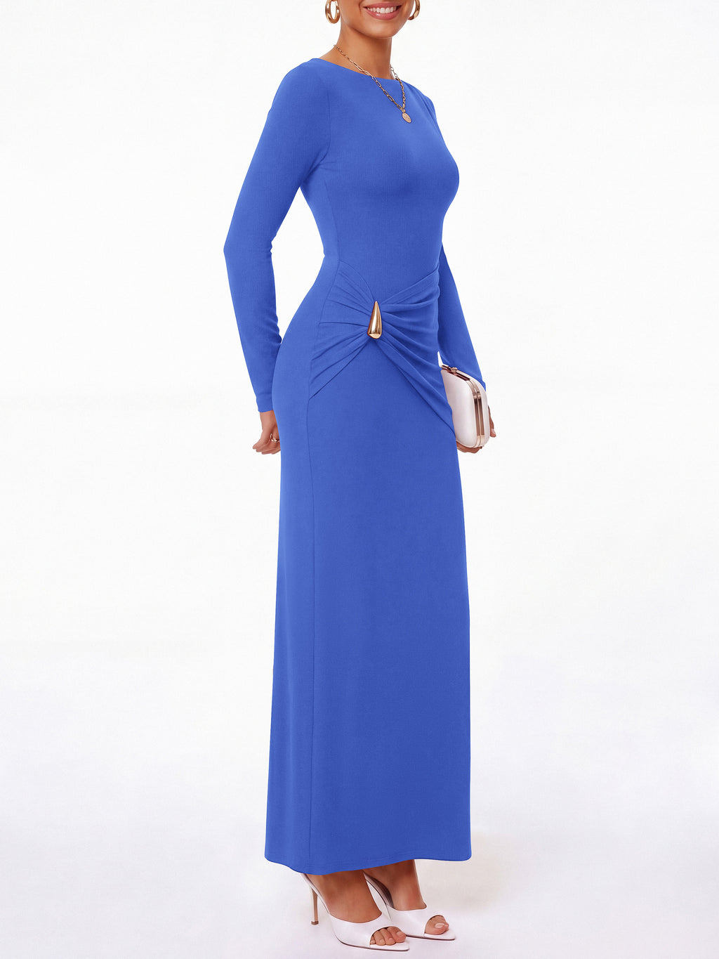 BTFBM Womens Long Sleeve Ruched Slit Maxi Wedding Guest Dress Lightweight, Boat Neck, Bodycon, Semi Formal Dresses For Women Cocktail, Party, Homecoming, Date Night, Holiday Outfits