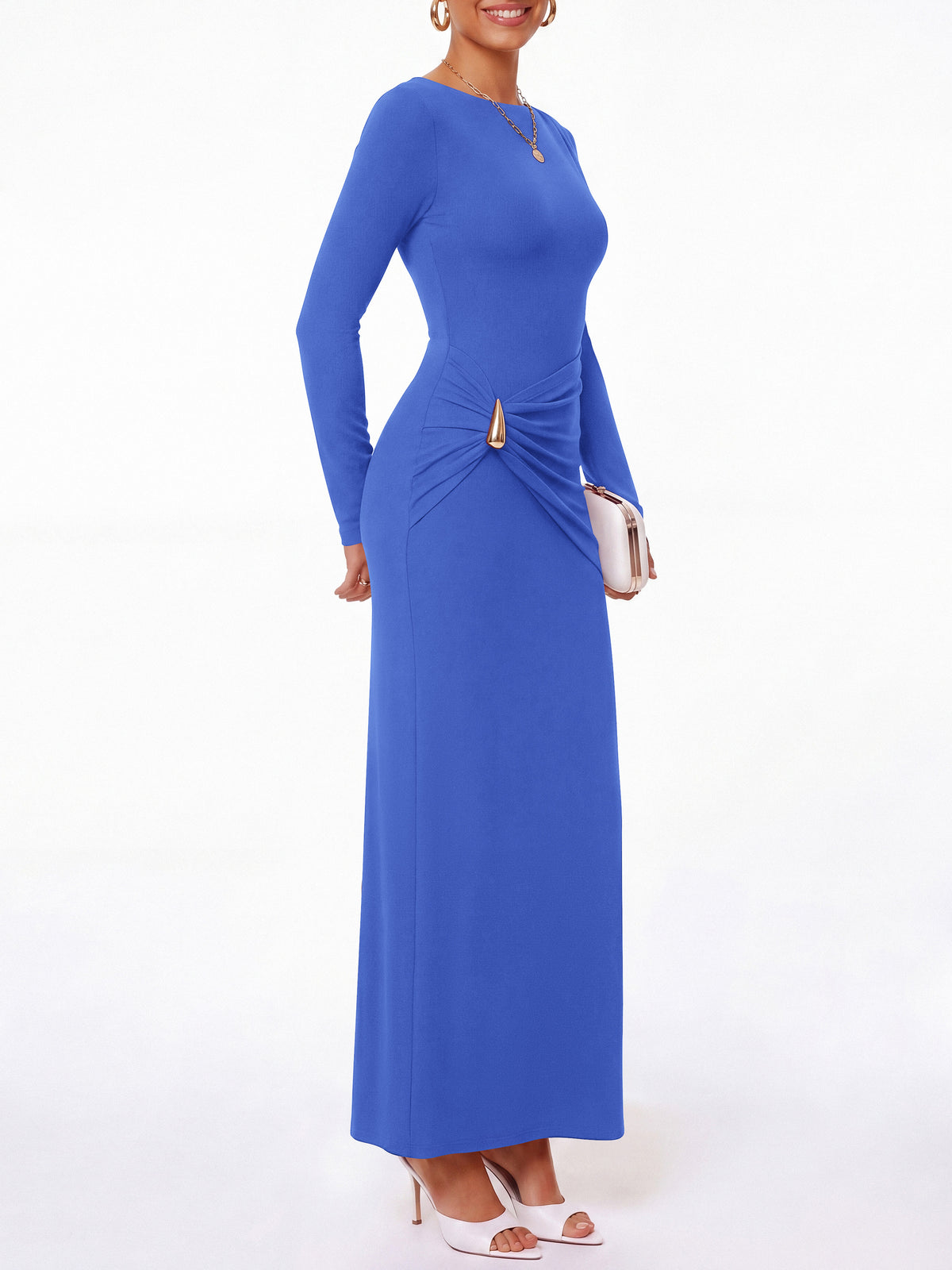 BTFBM Womens Long Sleeve Ruched Slit Maxi Wedding Guest Dress Lightweight, Boat Neck, Bodycon, Semi Formal Dresses For Women Cocktail, Party, Homecoming, Date Night, Holiday Outfits