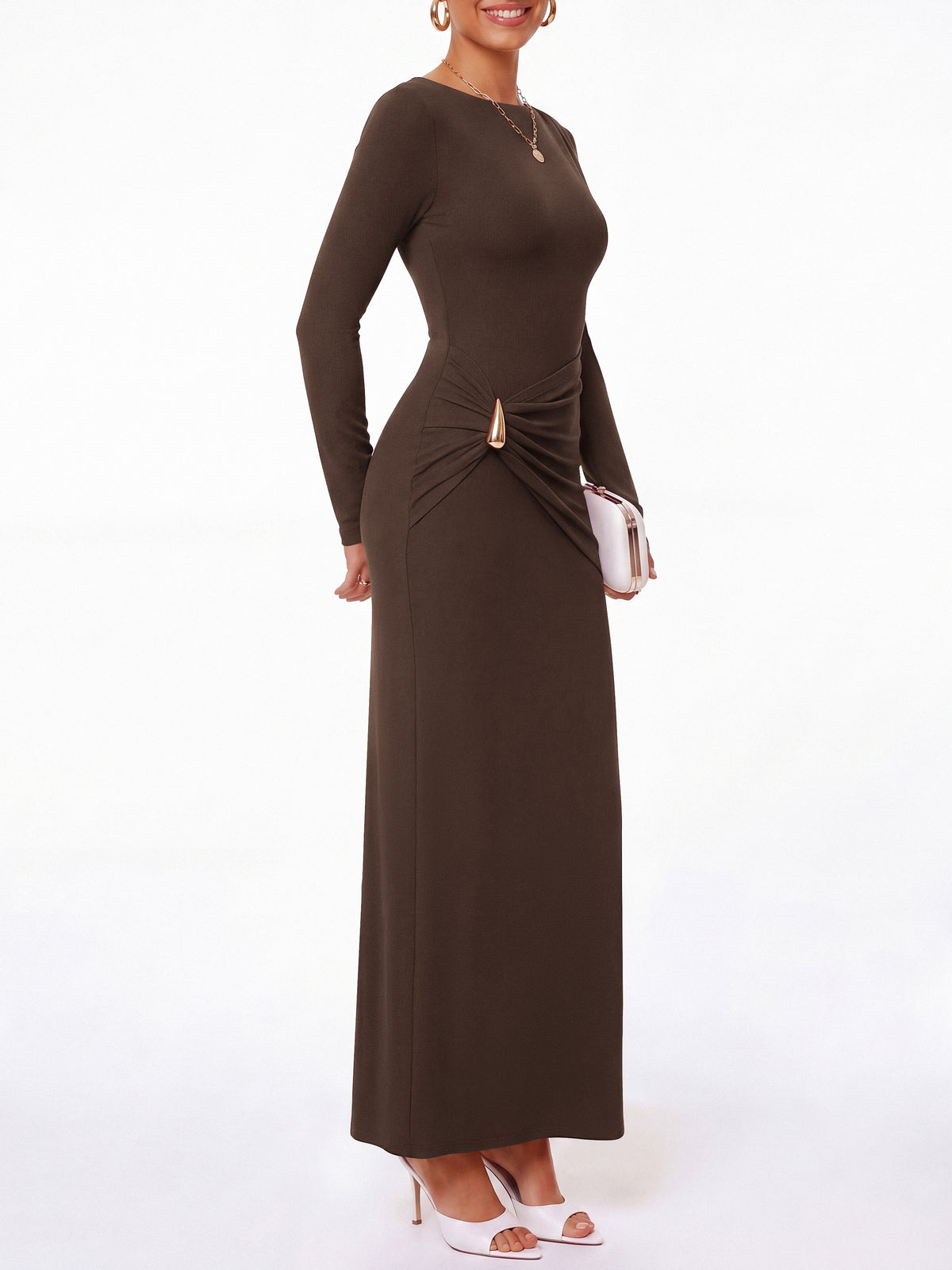 BTFBM Womens Long Sleeve Ruched Slit Maxi Wedding Guest Dress Lightweight, Boat Neck, Bodycon, Semi Formal Dresses For Women Cocktail, Party, Homecoming, Date Night, Holiday Outfits