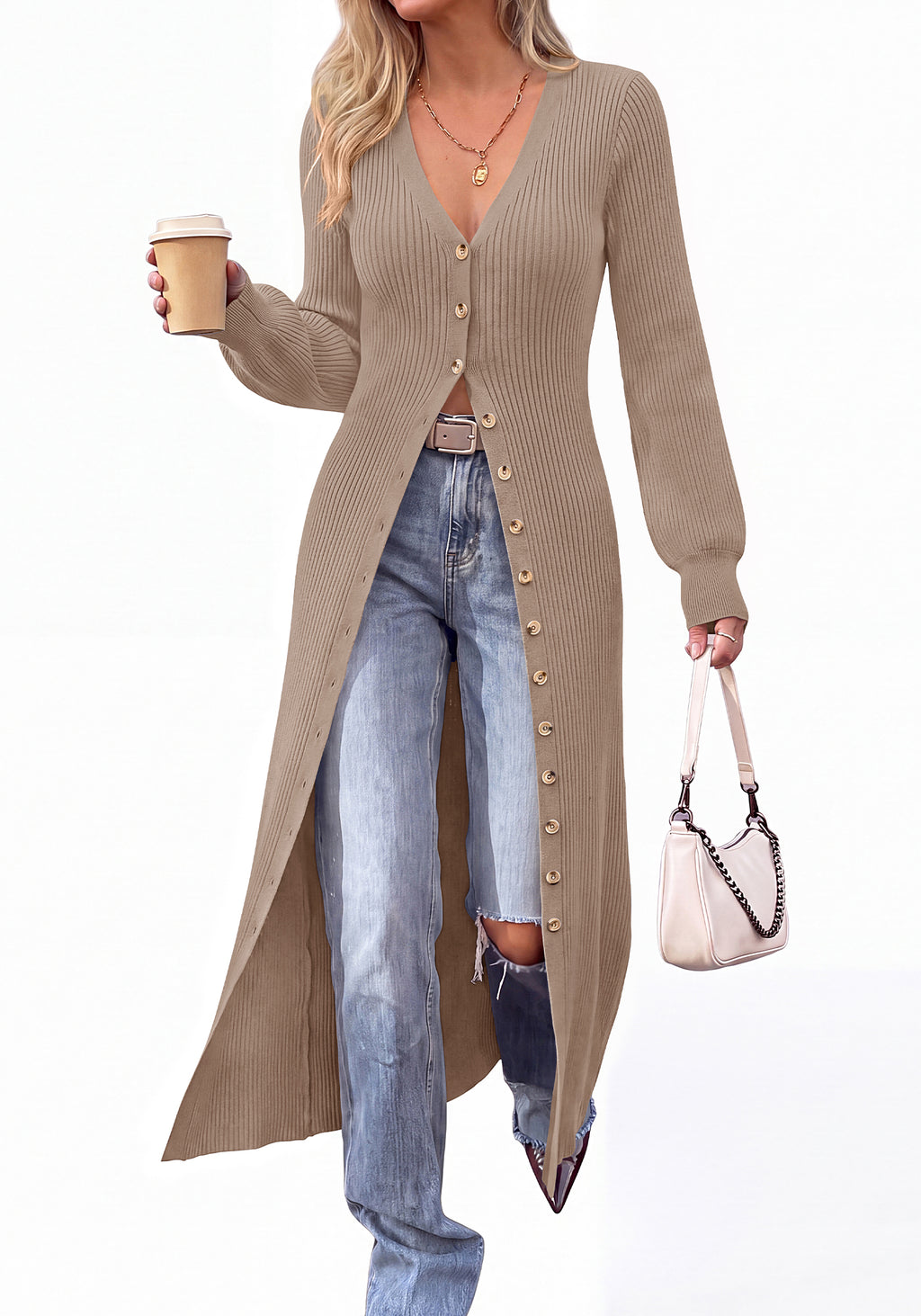 BTFBM Button Up Long Cardigans for Women Ribbed V Neck Midi Sweater Dress Puff Long Sleeve Cardigan Sweaters, Soft Stretchy Lightweight Duster Cardigans, Knit Winter Dresses, Fall Outfits Trendy