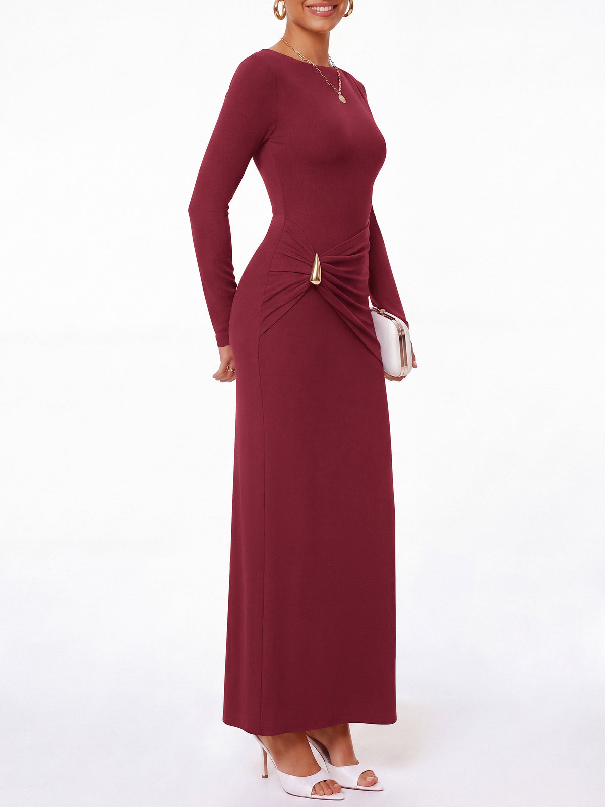 BTFBM Womens Long Sleeve Ruched Slit Maxi Wedding Guest Dress Lightweight, Boat Neck, Bodycon, Semi Formal Dresses For Women Cocktail, Party, Homecoming, Date Night, Holiday Outfits