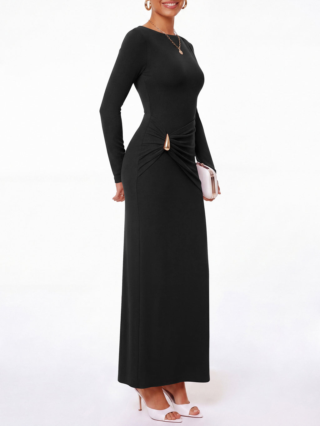 BTFBM Womens Long Sleeve Ruched Slit Maxi Wedding Guest Dress Lightweight, Boat Neck, Bodycon, Semi Formal Dresses For Women Cocktail, Party, Homecoming, Date Night, Holiday Outfits