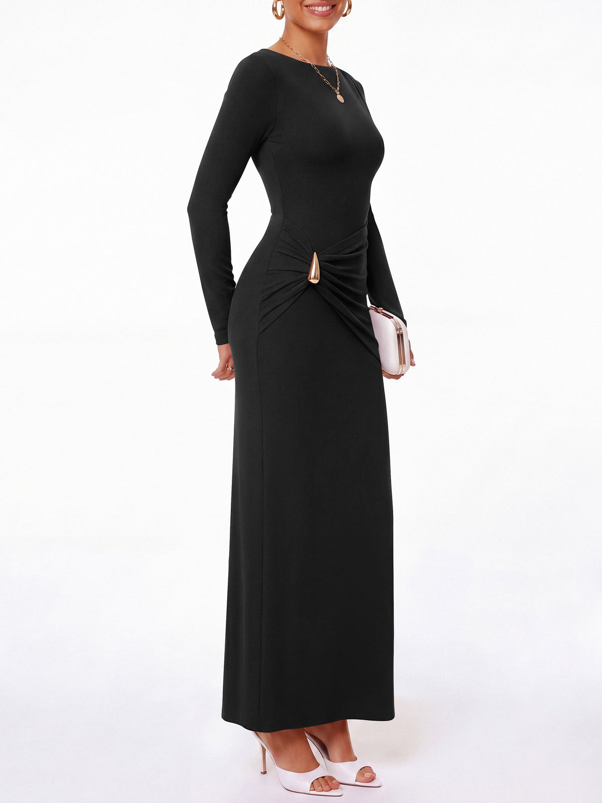BTFBM Womens Long Sleeve Ruched Slit Maxi Wedding Guest Dress Lightweight, Boat Neck, Bodycon, Semi Formal Dresses For Women Cocktail, Party, Homecoming, Date Night, Holiday Outfits