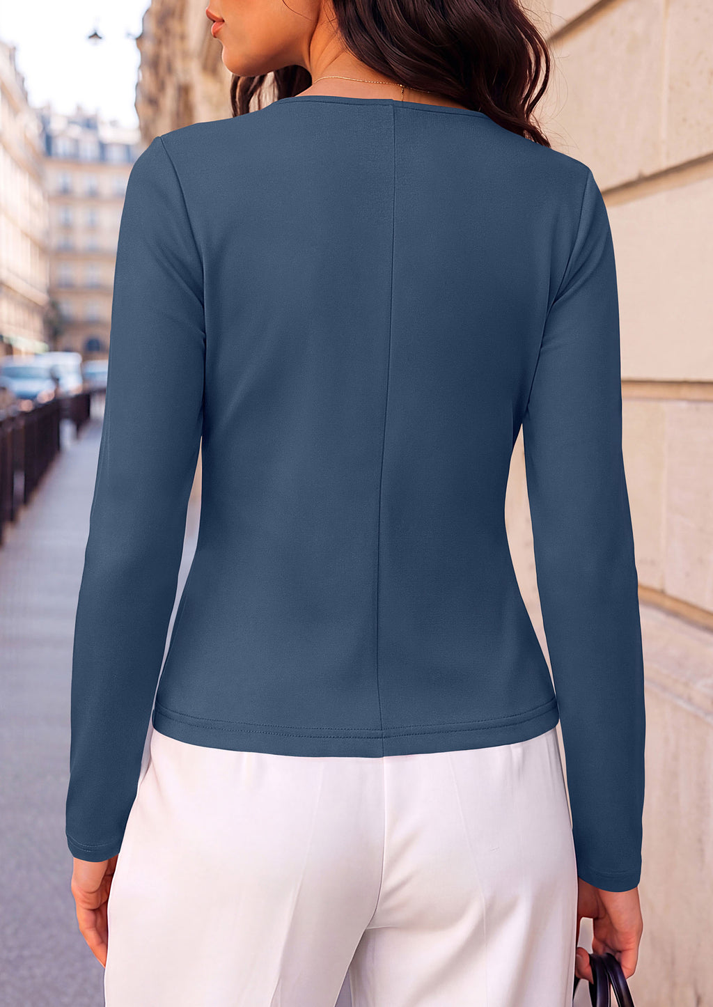 PRETTYGARDEN Womens Ruched Tops Casual Long Sleeve Shirt Soft Stretchy Knit, Round Neck Slim Fitted Shape, Pleated Asymmetrical Hem, Office Work Daily Wear