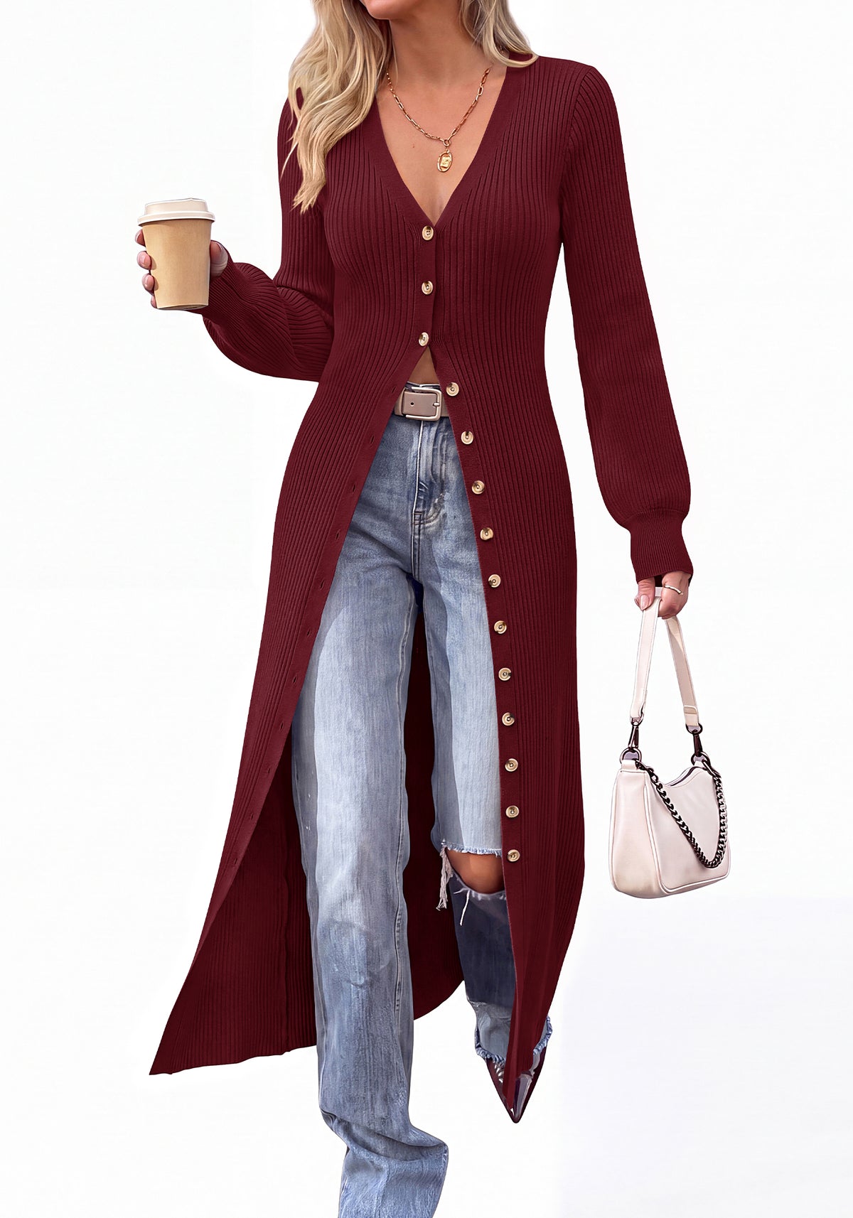 BTFBM Button Up Long Cardigans for Women Ribbed V Neck Midi Sweater Dress Puff Long Sleeve Cardigan Sweaters, Soft Stretchy Lightweight Duster Cardigans, Knit Winter Dresses, Fall Outfits Trendy