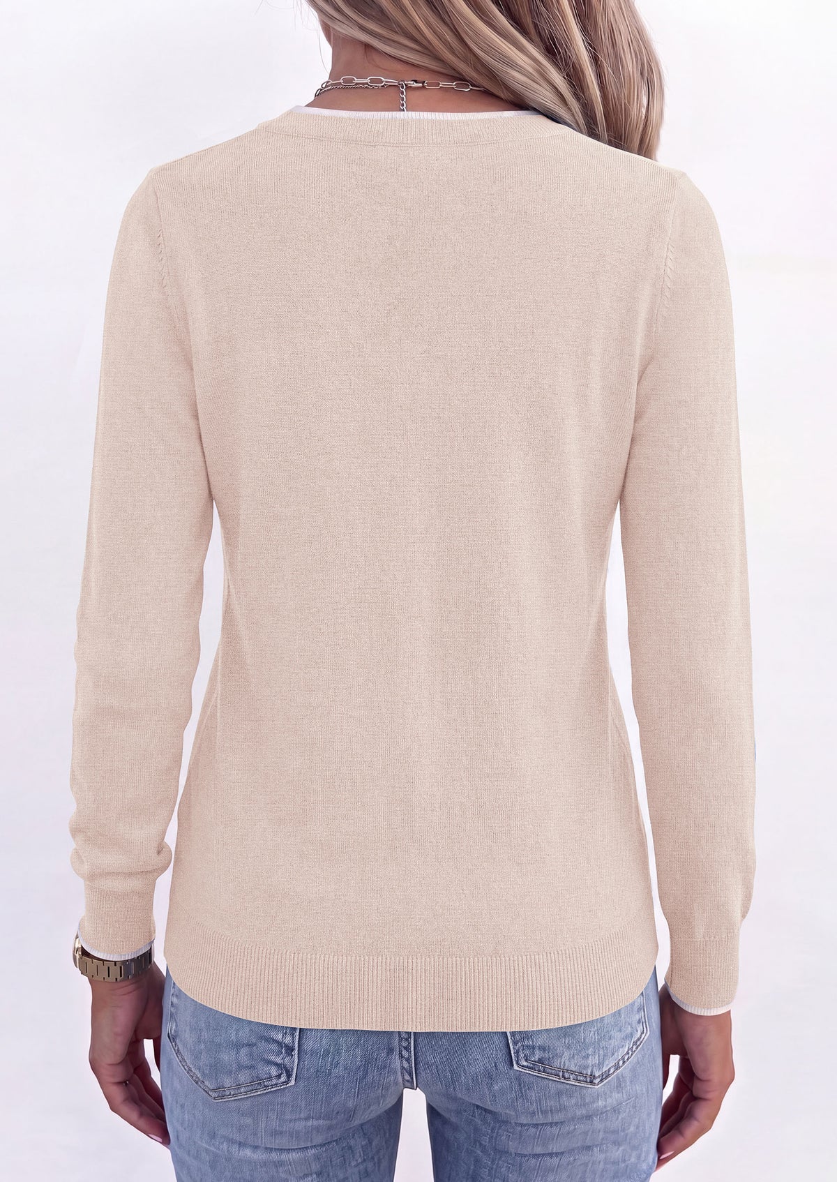 PRETTYGARDEN Women's V Neck Sweater Long Sleeve Knit Tops Patchwork V Neck, Cozy Lightweight Pullover, Loose Basic Soft, Business Casual, Fall Winter Clothes