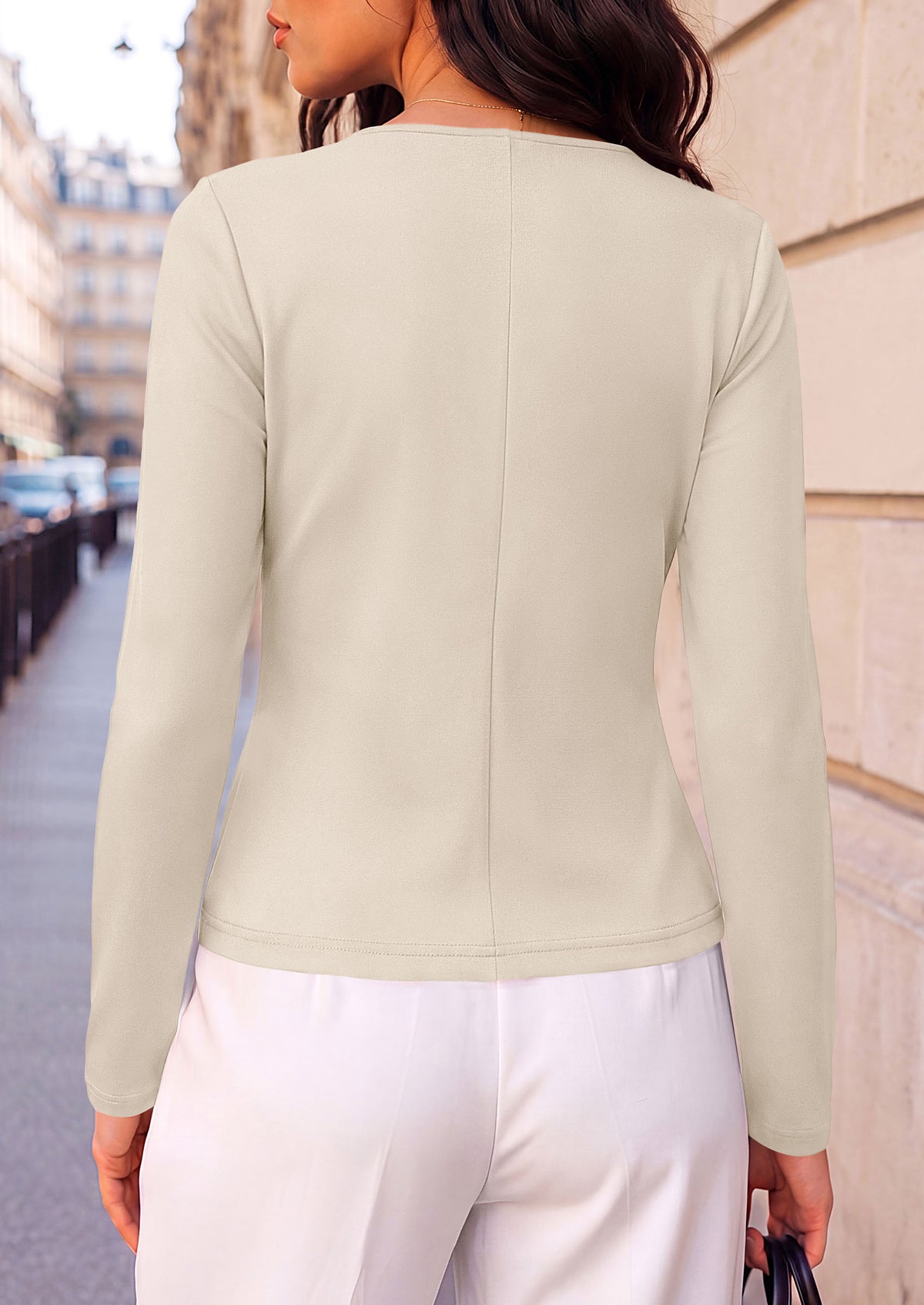 PRETTYGARDEN Womens Ruched Tops Casual Long Sleeve Shirt Soft Stretchy Knit, Round Neck Slim Fitted Shape, Pleated Asymmetrical Hem, Office Work Daily Wear