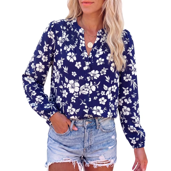 FreshPretty Blouses for Women Dressy Casual Long Sleeve Tops Boho Floral Tops,V Neck Button Down Shirts,Going Out Work Outfit,Vacation Tops,Summer Clothing,Fall Fashion Clothes