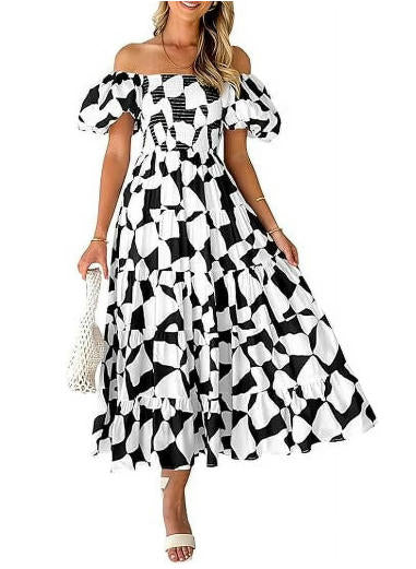 PRETTYGARDEN Women's Summer Boho Midi Dress Off Shoulder Puff Sleeve Print Smocked Ruffle Beach Long Flowy Dresses
