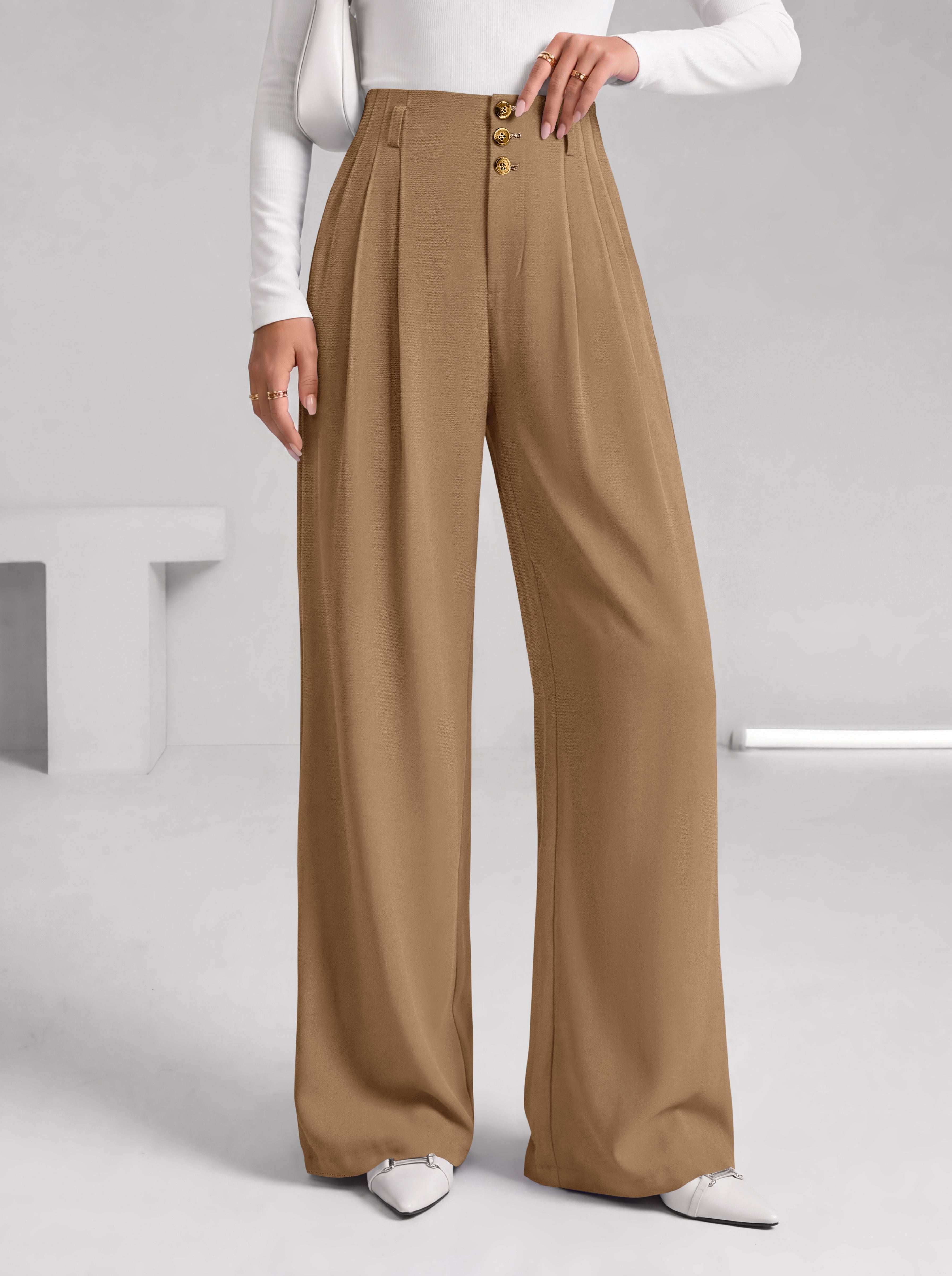 BTFBM Wide Leg Dress Pants Women Business Casual Outfits Elastic High Waisted Palazzo Pants, Button Zip Up Closure, Pleated Office Work Trousers With Pockets, Fall Fashion