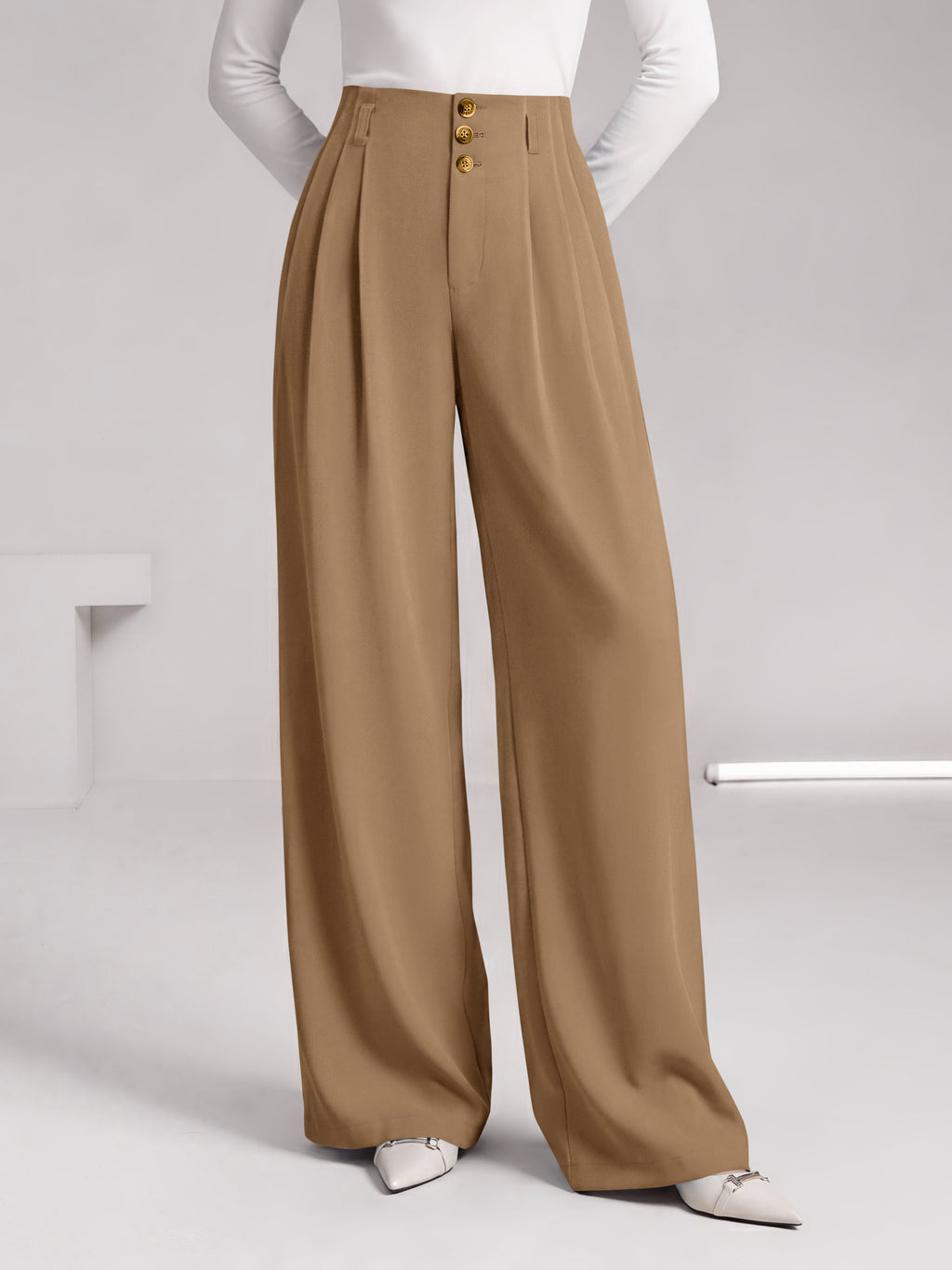 BTFBM Wide Leg Dress Pants Women Business Casual Outfits Elastic High Waisted Palazzo Pants, Button Zip Up Closure, Pleated Office Work Trousers With Pockets, Fall Fashion