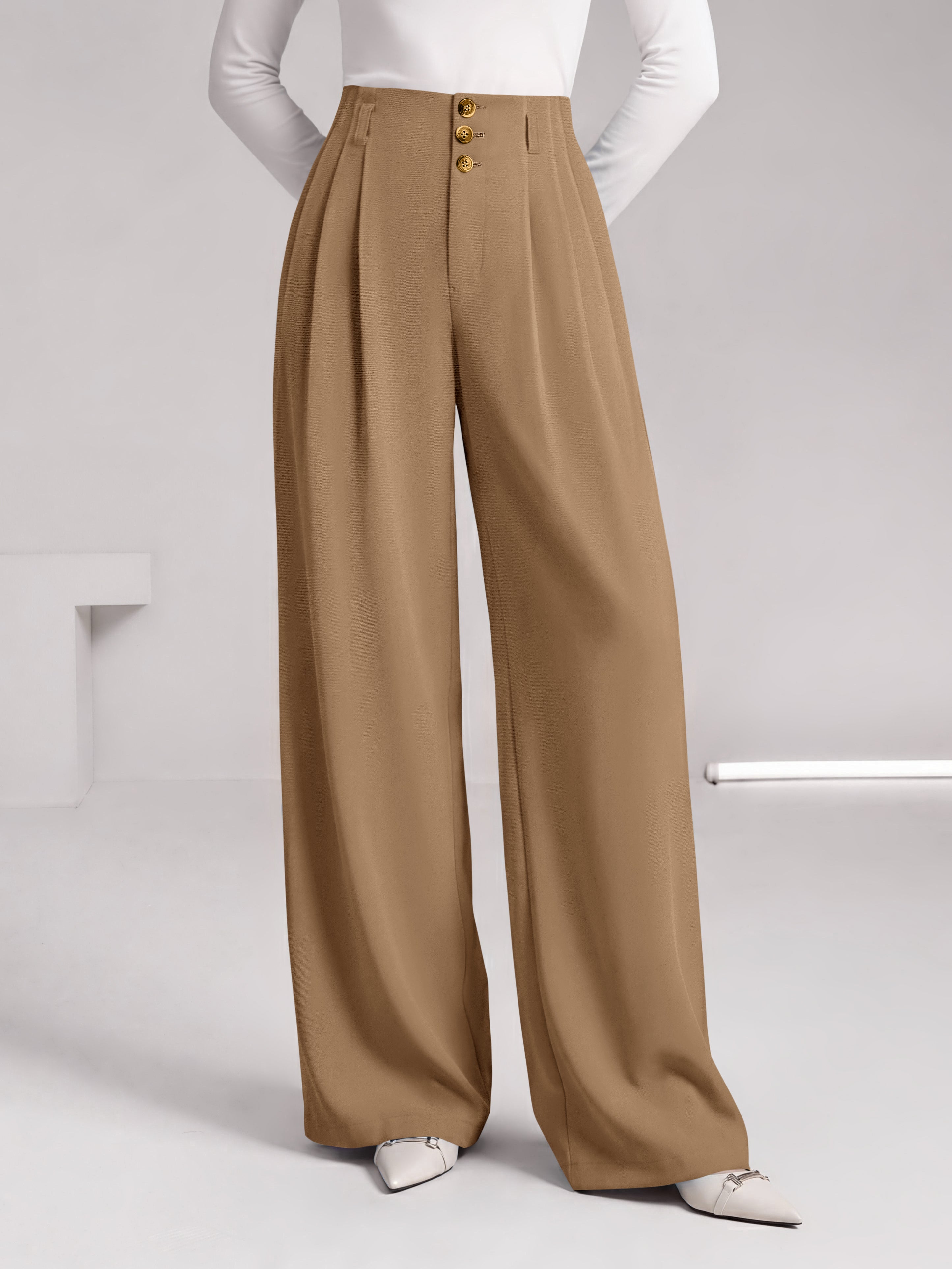 BTFBM Wide Leg Dress Pants Women Business Casual Outfits Elastic High Waisted Palazzo Pants, Button Zip Up Closure, Pleated Office Work Trousers With Pockets, Fall Fashion
