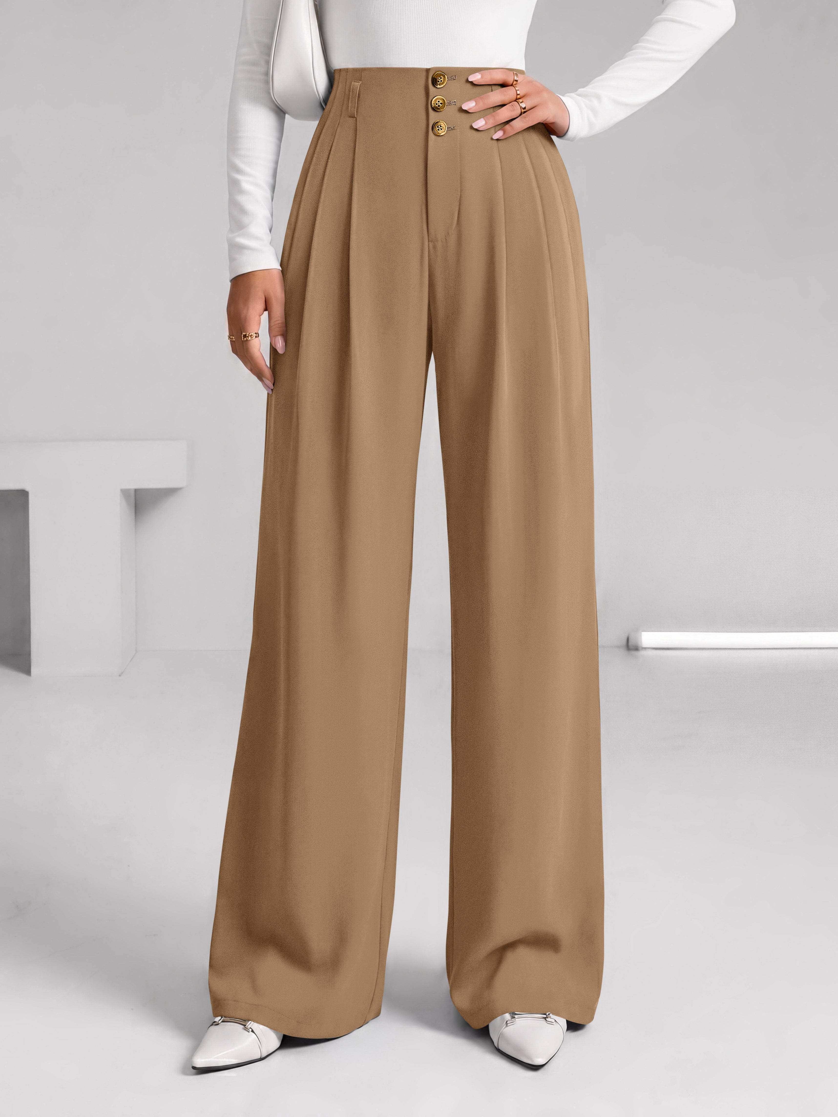 BTFBM Wide Leg Dress Pants Women Business Casual Outfits Elastic High Waisted Palazzo Pants, Button Zip Up Closure, Pleated Office Work Trousers With Pockets, Fall Fashion