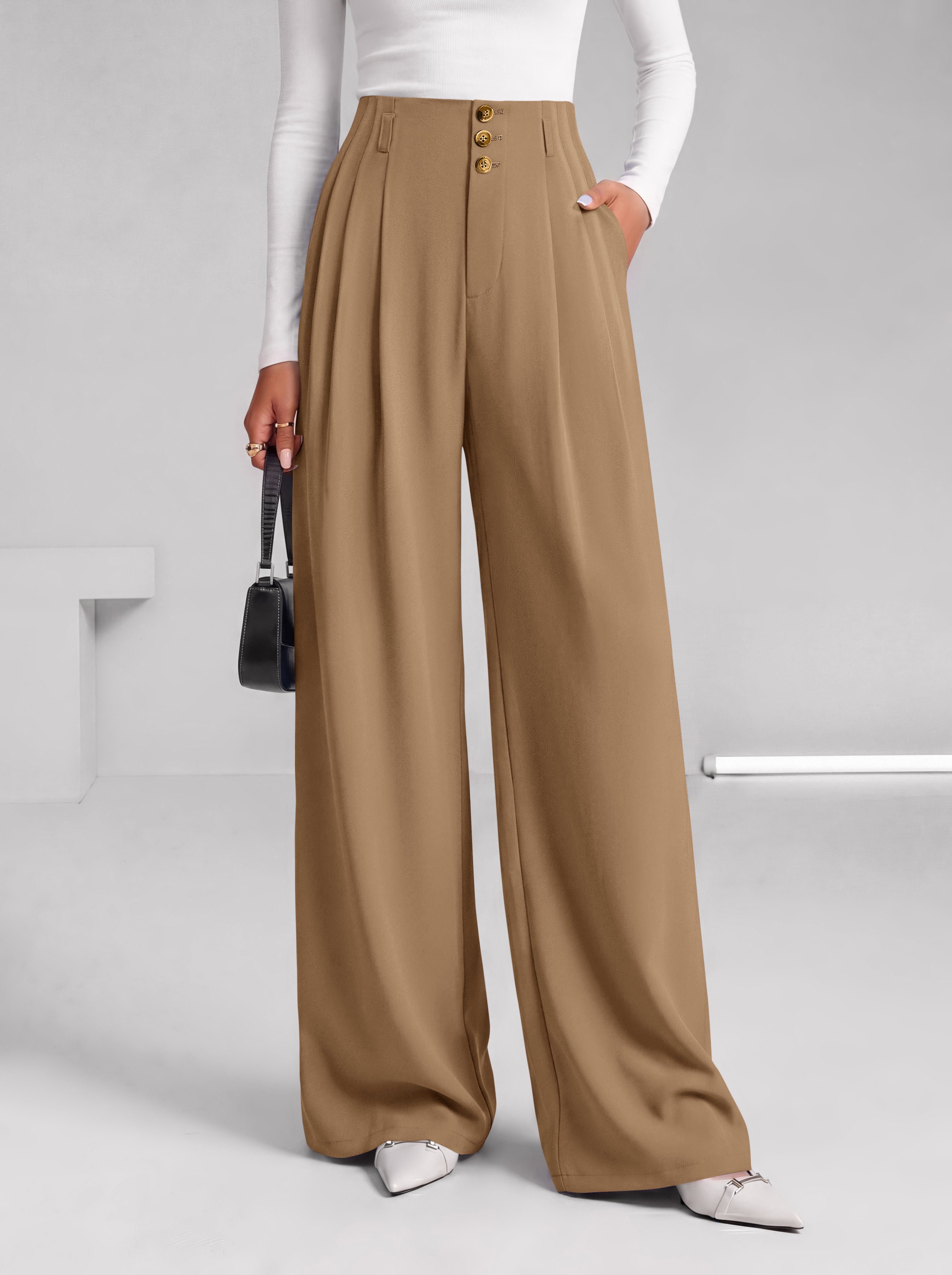 BTFBM Wide Leg Dress Pants Women Business Casual Outfits Elastic High Waisted Palazzo Pants, Button Zip Up Closure, Pleated Office Work Trousers With Pockets, Fall Fashion