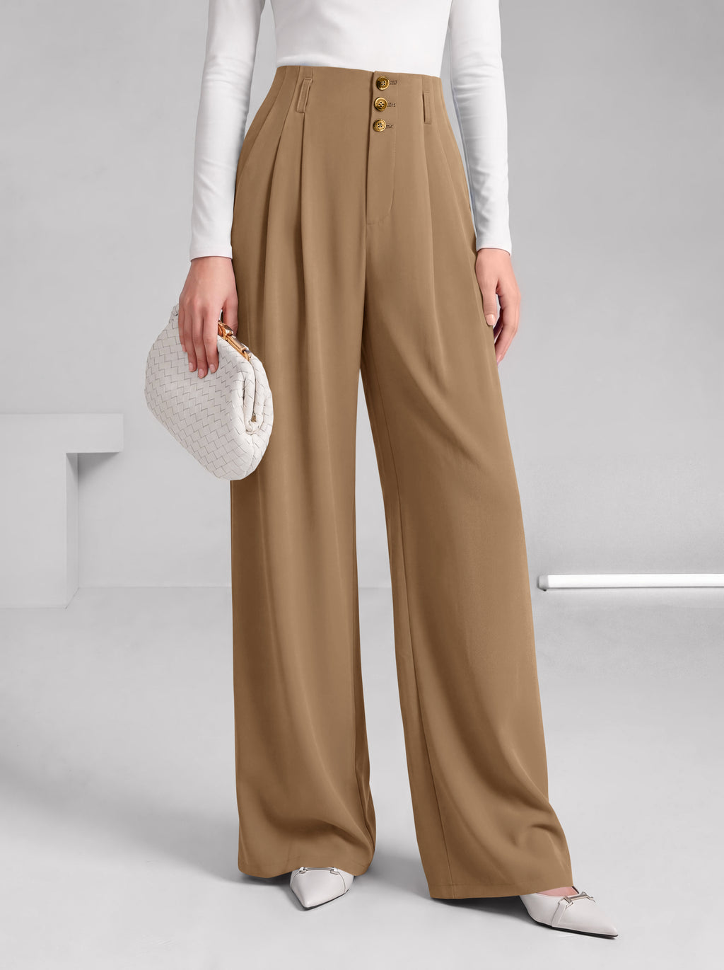 BTFBM Wide Leg Dress Pants Women Business Casual Outfits Elastic High Waisted Palazzo Pants, Button Zip Up Closure, Pleated Office Work Trousers With Pockets, Fall Fashion
