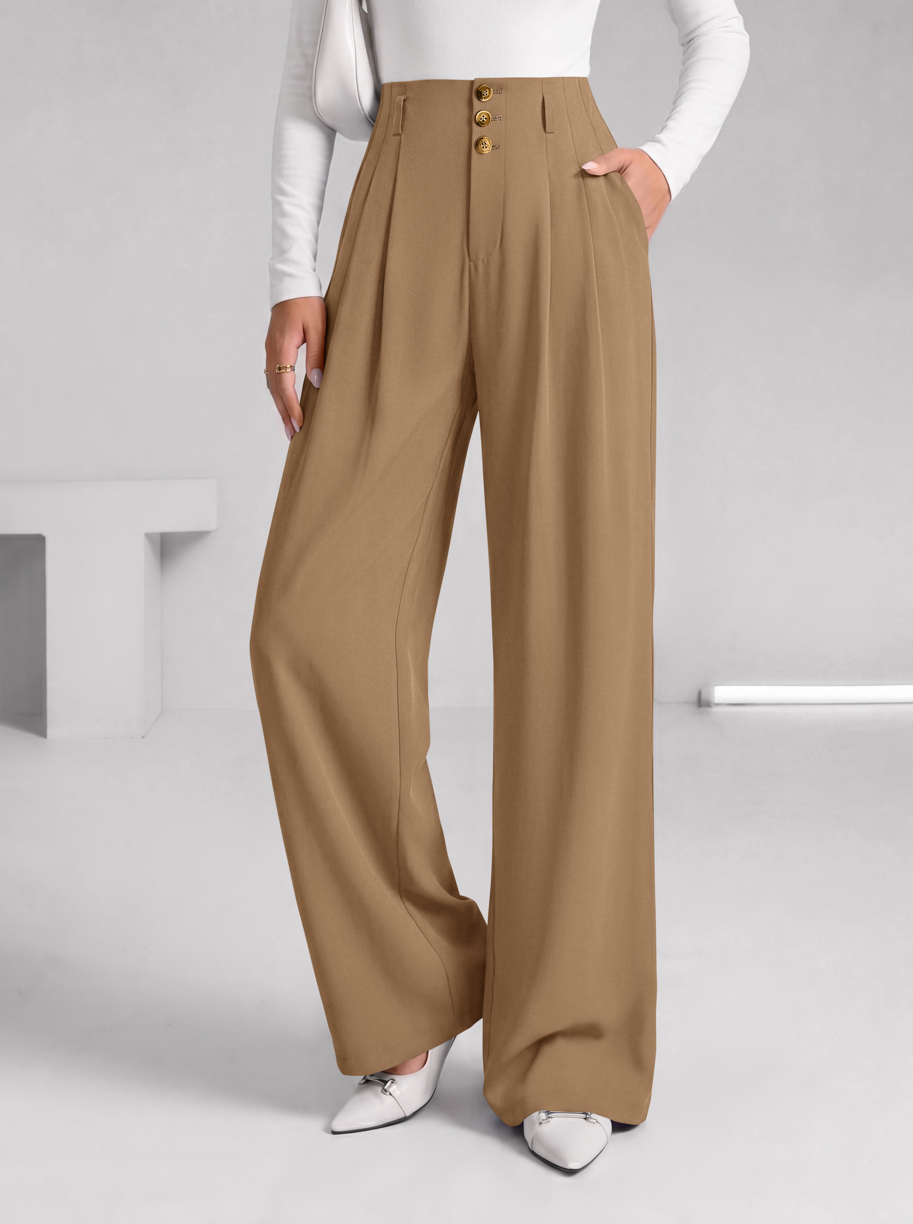 BTFBM Wide Leg Dress Pants Women Business Casual Outfits Elastic High Waisted Palazzo Pants, Button Zip Up Closure, Pleated Office Work Trousers With Pockets, Fall Fashion