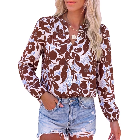FreshPretty Blouses for Women Dressy Casual Long Sleeve Tops Boho Floral Tops,V Neck Button Down Shirts,Going Out Work Outfit,Vacation Tops,Summer Clothing,Fall Fashion Clothes