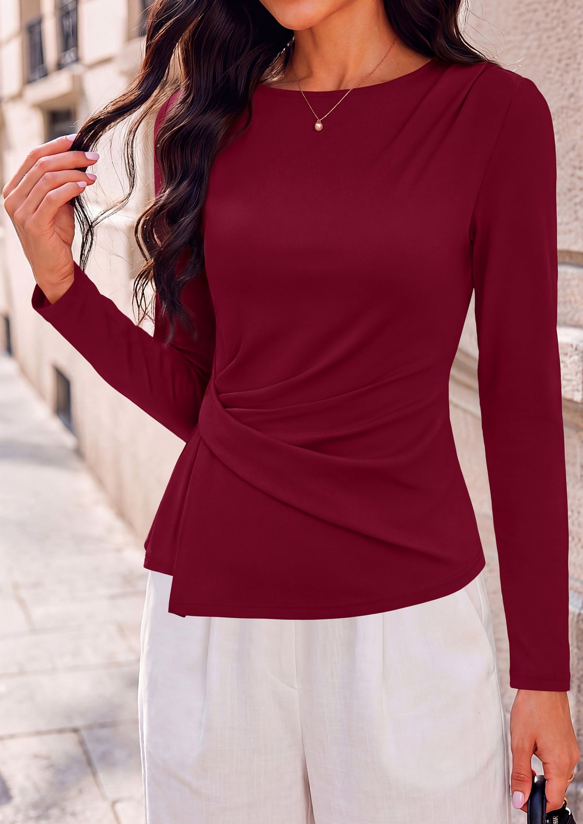 PRETTYGARDEN Womens Ruched Tops Casual Long Sleeve Shirt Soft Stretchy Knit, Round Neck Slim Fitted Shape, Pleated Asymmetrical Hem, Office Work Daily Wear