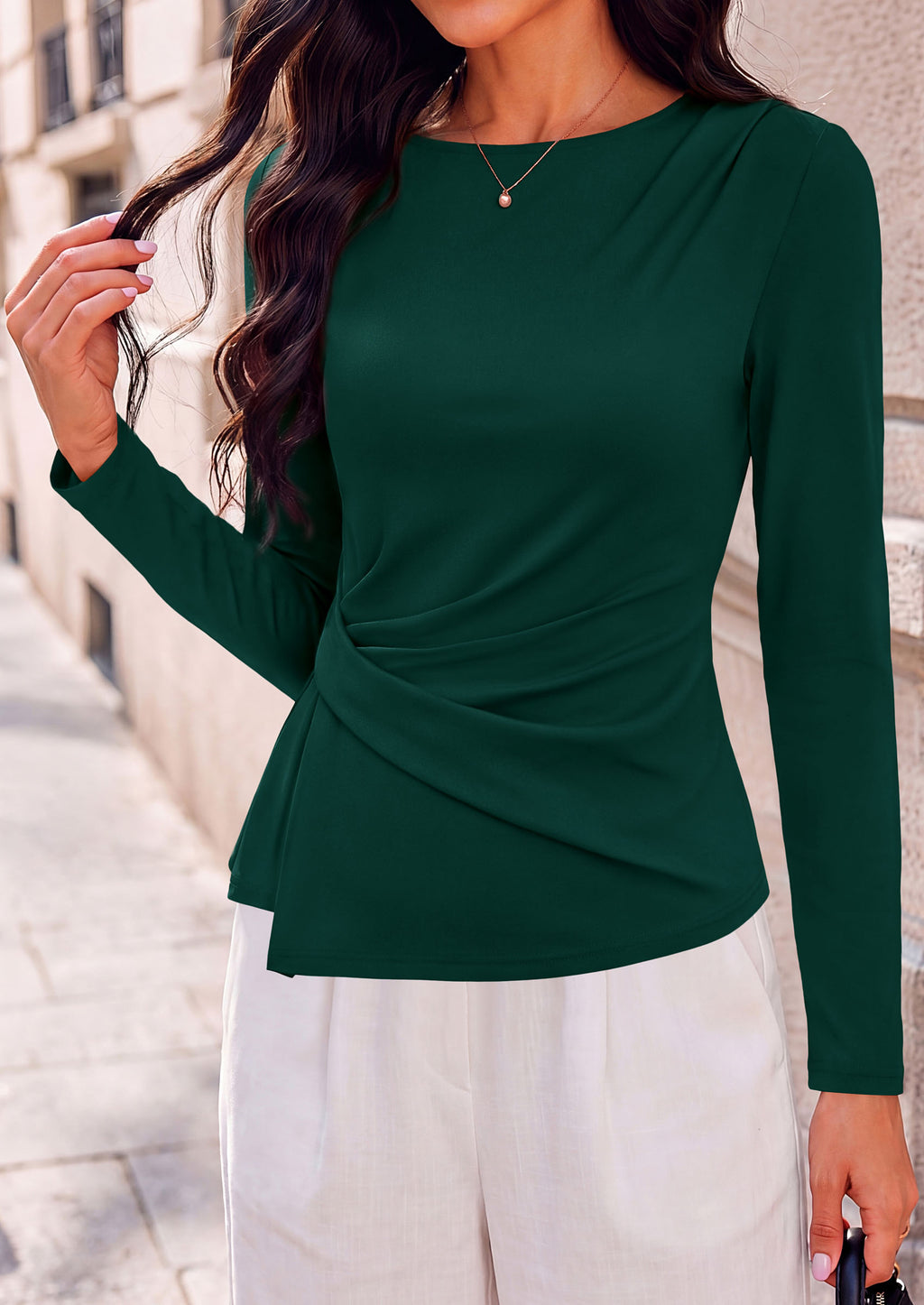 PRETTYGARDEN Womens Ruched Tops Casual Long Sleeve Shirt Soft Stretchy Knit, Round Neck Slim Fitted Shape, Pleated Asymmetrical Hem, Office Work Daily Wear