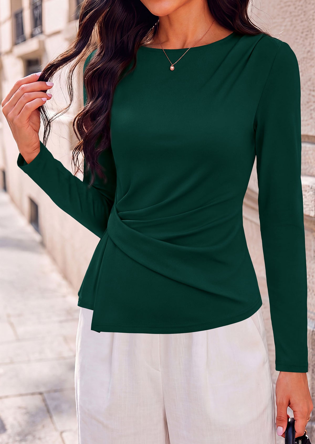 PRETTYGARDEN Womens Ruched Tops Casual Long Sleeve Shirt Soft Stretchy Knit, Round Neck Slim Fitted Shape, Pleated Asymmetrical Hem, Office Work Daily Wear