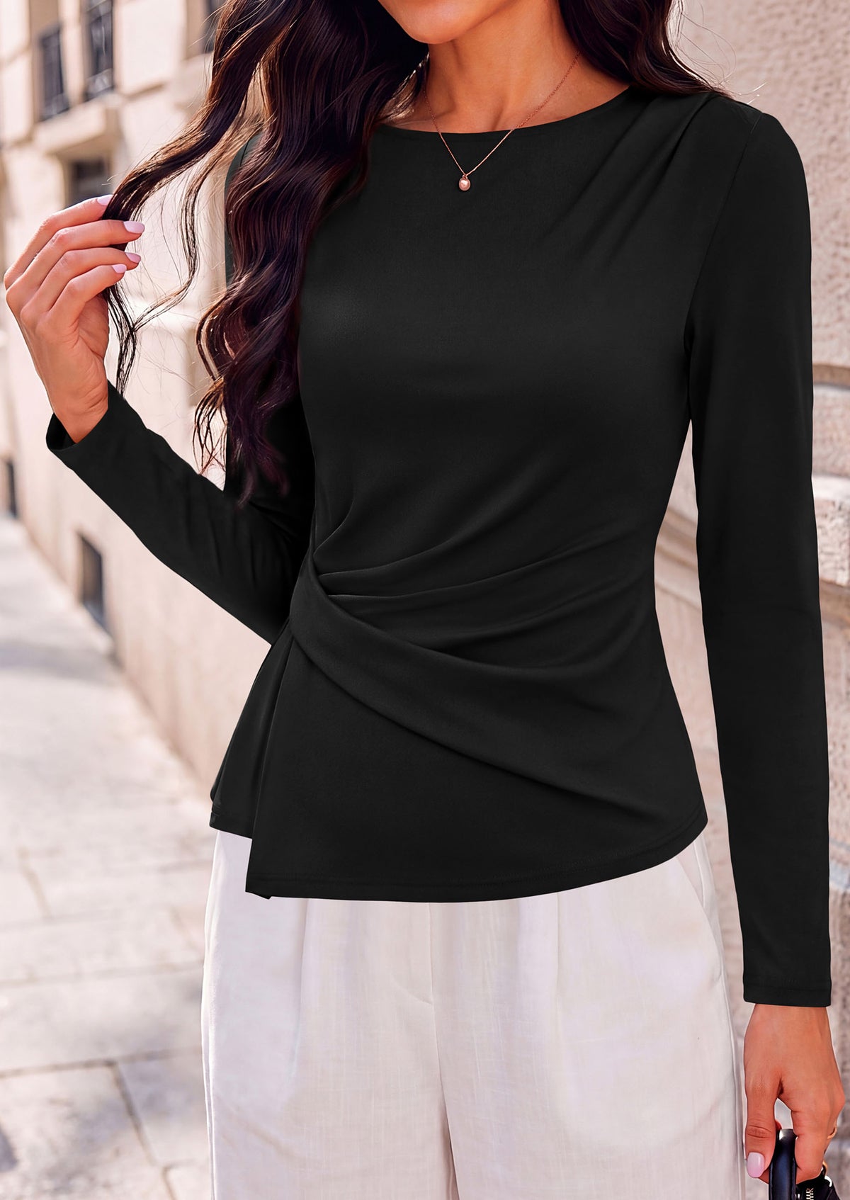 PRETTYGARDEN Womens Ruched Tops Casual Long Sleeve Shirt Soft Stretchy Knit, Round Neck Slim Fitted Shape, Pleated Asymmetrical Hem, Office Work Daily Wear
