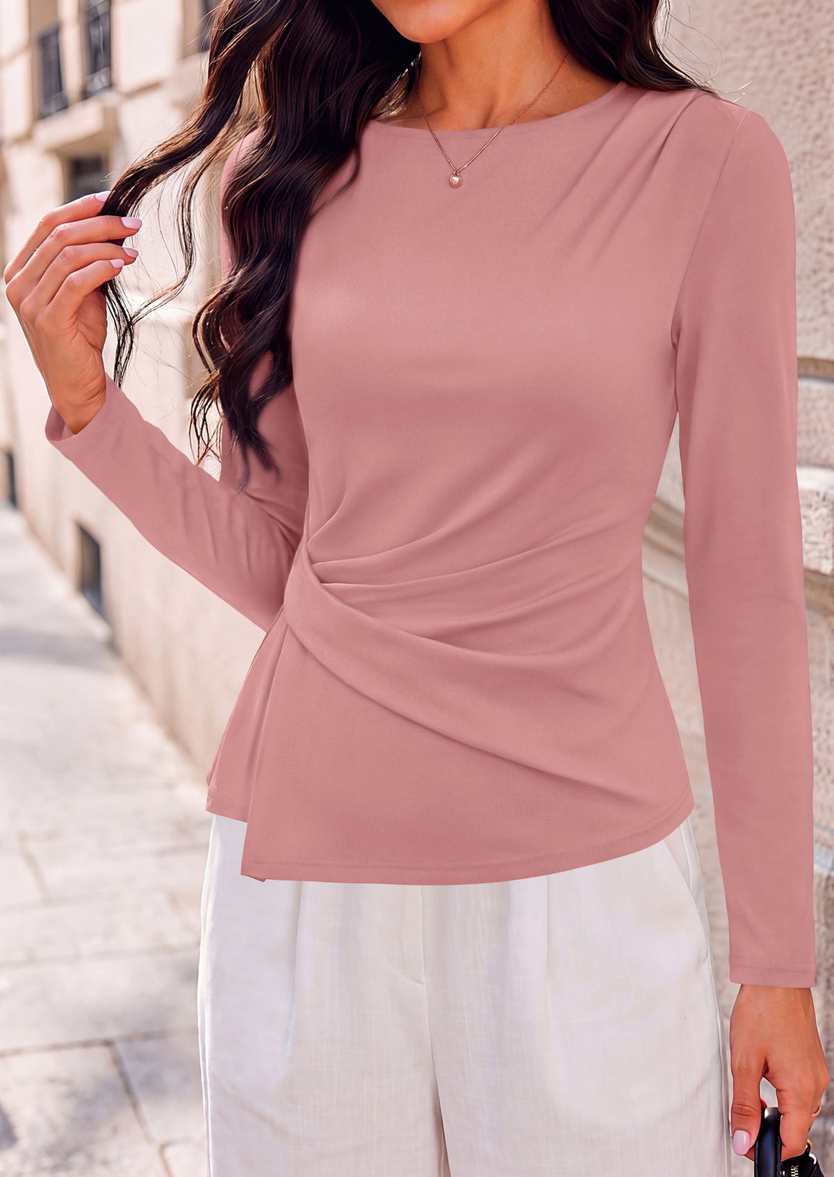 PRETTYGARDEN Womens Ruched Tops Casual Long Sleeve Shirt Soft Stretchy Knit, Round Neck Slim Fitted Shape, Pleated Asymmetrical Hem, Office Work Daily Wear
