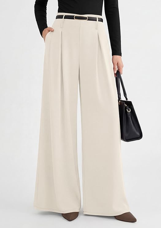 PRETTYGARDEN Womens Spring Wide Leg Trousers High Elastic Waist Loose Pleated Long Flowy Palazzo Work Pants with Pockets