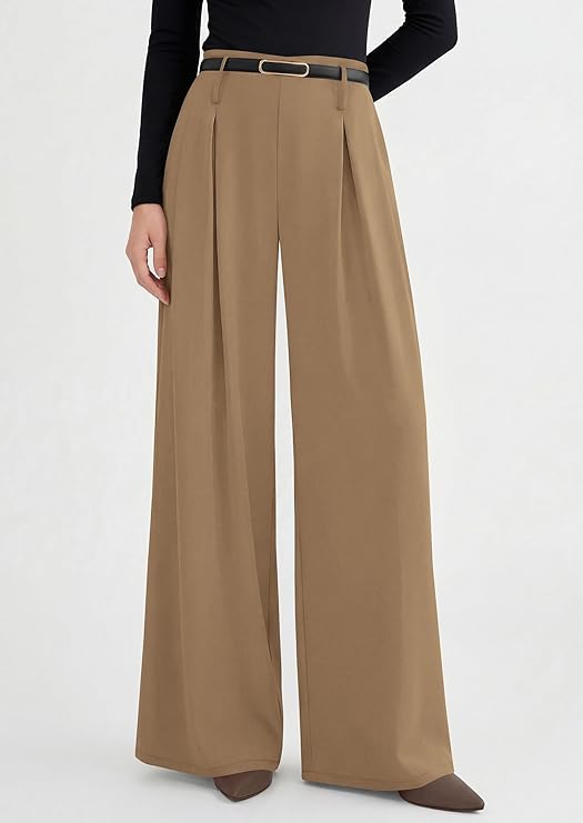 PRETTYGARDEN Womens Spring Wide Leg Trousers High Elastic Waist Loose Pleated Long Flowy Palazzo Work Pants with Pockets