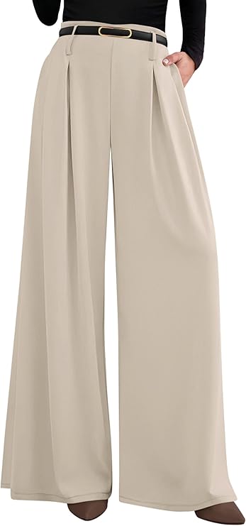 PRETTYGARDEN Womens Spring Wide Leg Trousers High Elastic Waist Loose Pleated Long Flowy Palazzo Work Pants with Pockets