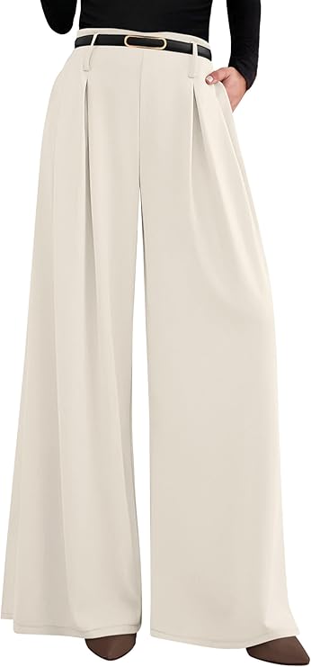 PRETTYGARDEN Womens Spring Wide Leg Trousers High Elastic Waist Loose Pleated Long Flowy Palazzo Work Pants with Pockets