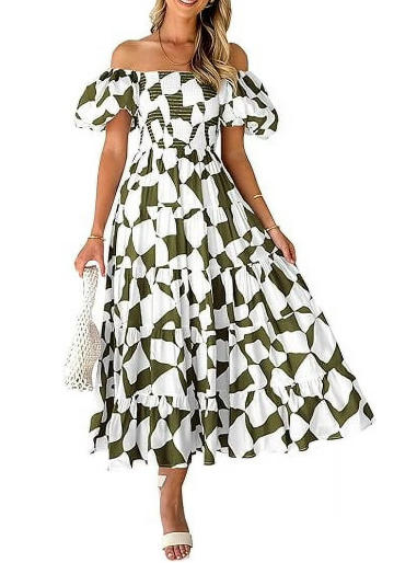 PRETTYGARDEN Women's Summer Boho Midi Dress Off Shoulder Puff Sleeve Print Smocked Ruffle Beach Long Flowy Dresses