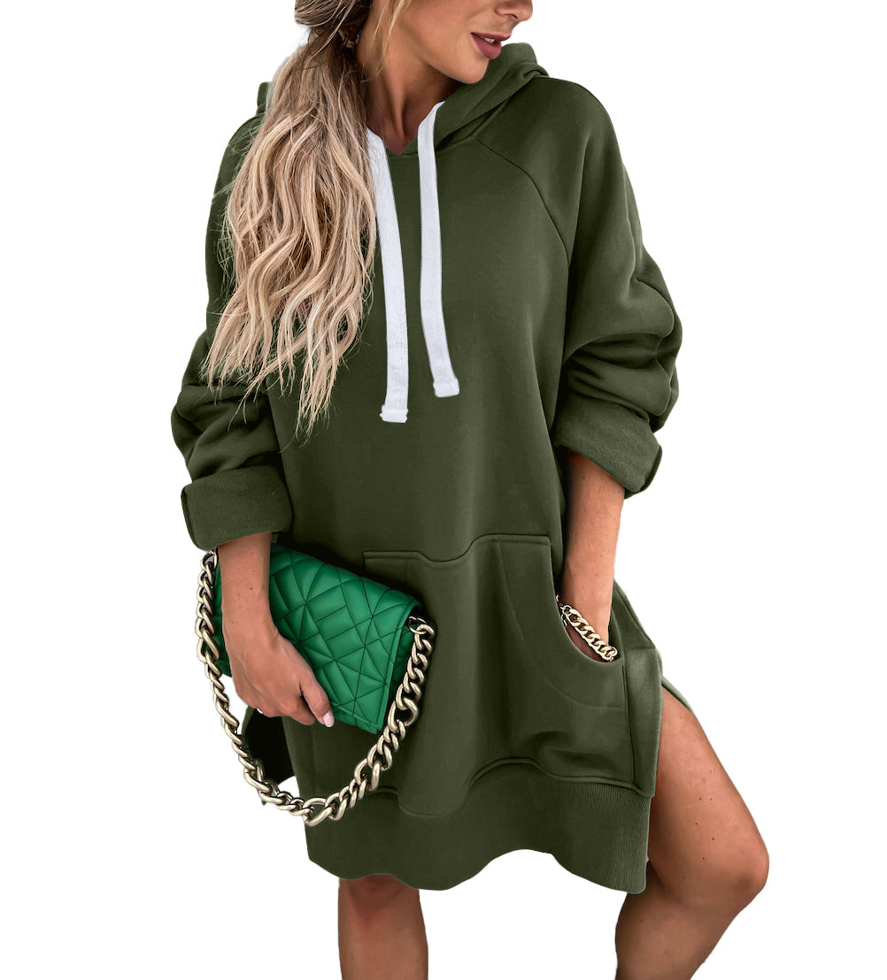 PRETTYGARDEN Women's Casual Pullover Sweatshirt Long Sleeve Split Hem Hoodie Dress with Kangaroo Pocket