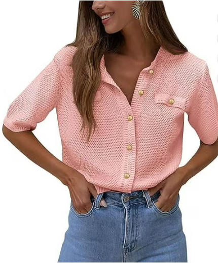 PRETTYGARDEN Women's Summer Button Down Shirts Casual Short Sleeve Crew Neck Ribbed Knit Blouse Top Cardigans