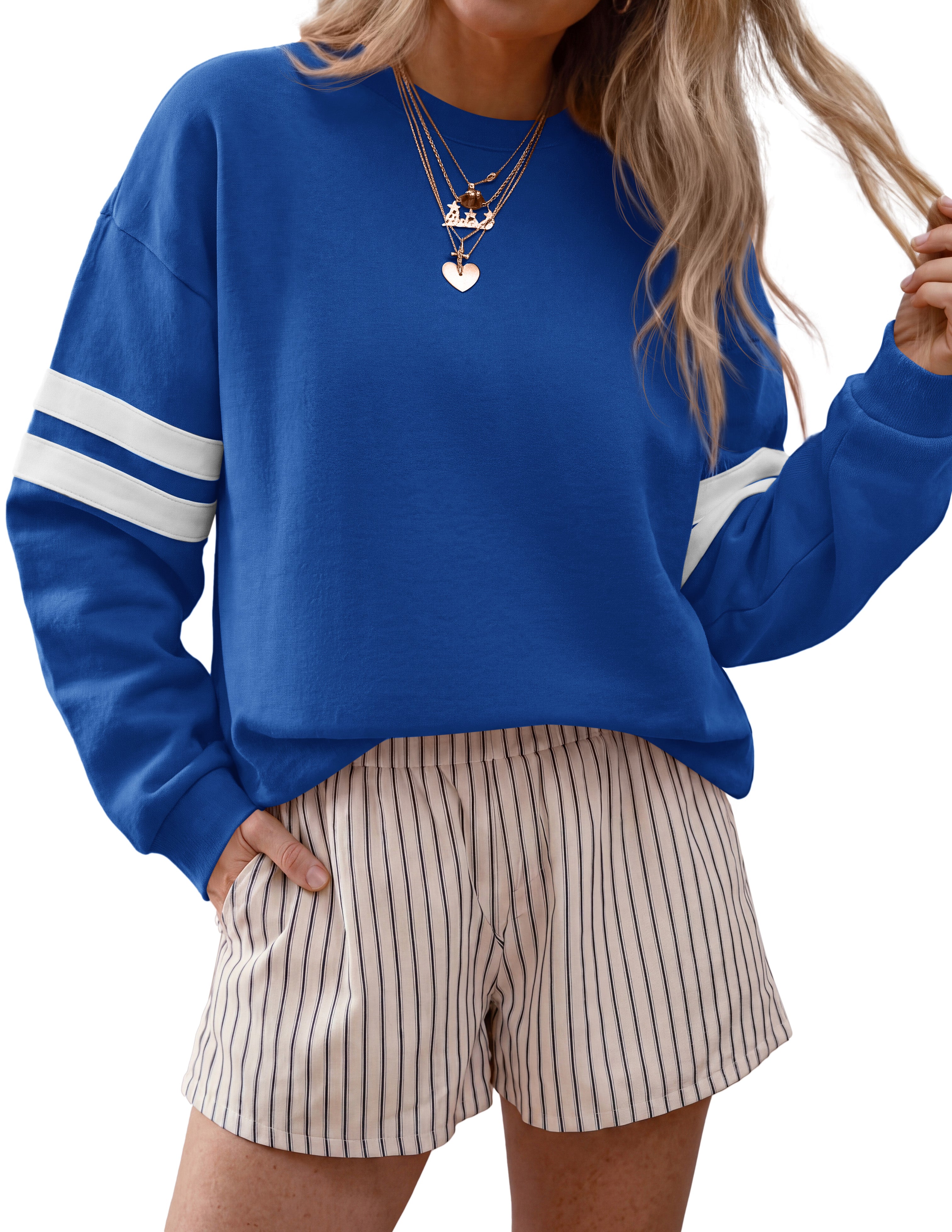 BTFBM Womens Oversized Sweatshirt Varsity Striped Tops Casual Long Sleeve Crewneck Drop Shoulder Knit Pullover Sweatshirts,Retro Sporty,Work,School,Holiday,Fall Winter