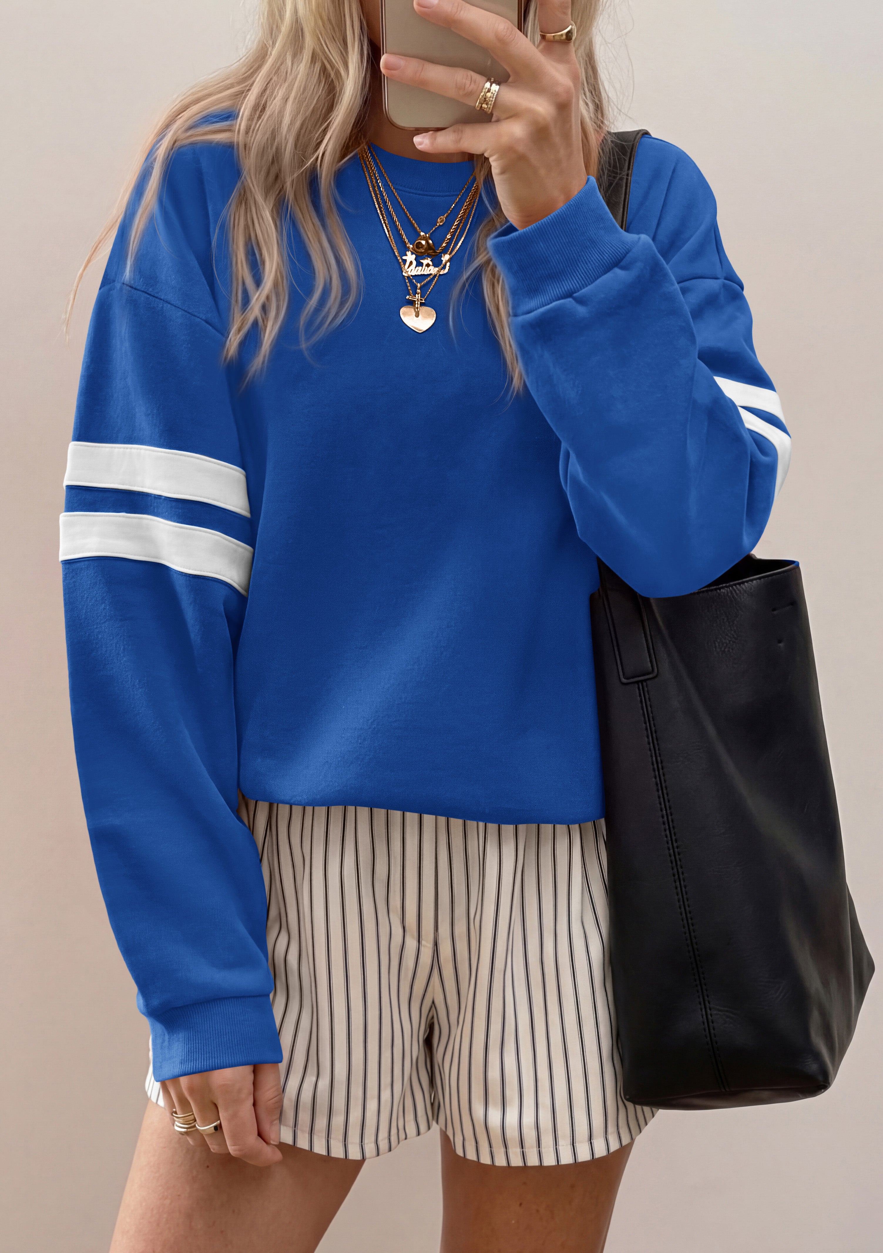 BTFBM Womens Oversized Sweatshirt Varsity Striped Tops Casual Long Sleeve Crewneck Drop Shoulder Knit Pullover Sweatshirts,Retro Sporty,Work,School,Holiday,Fall Winter
