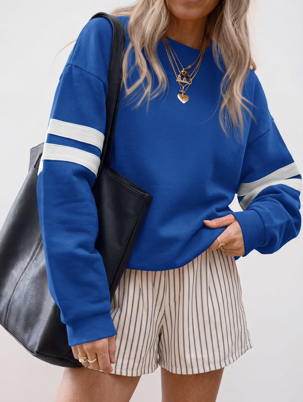 BTFBM Womens Oversized Sweatshirt Varsity Striped Tops Casual Long Sleeve Crewneck Drop Shoulder Knit Pullover Sweatshirts,Retro Sporty,Work,School,Holiday,Fall Winter